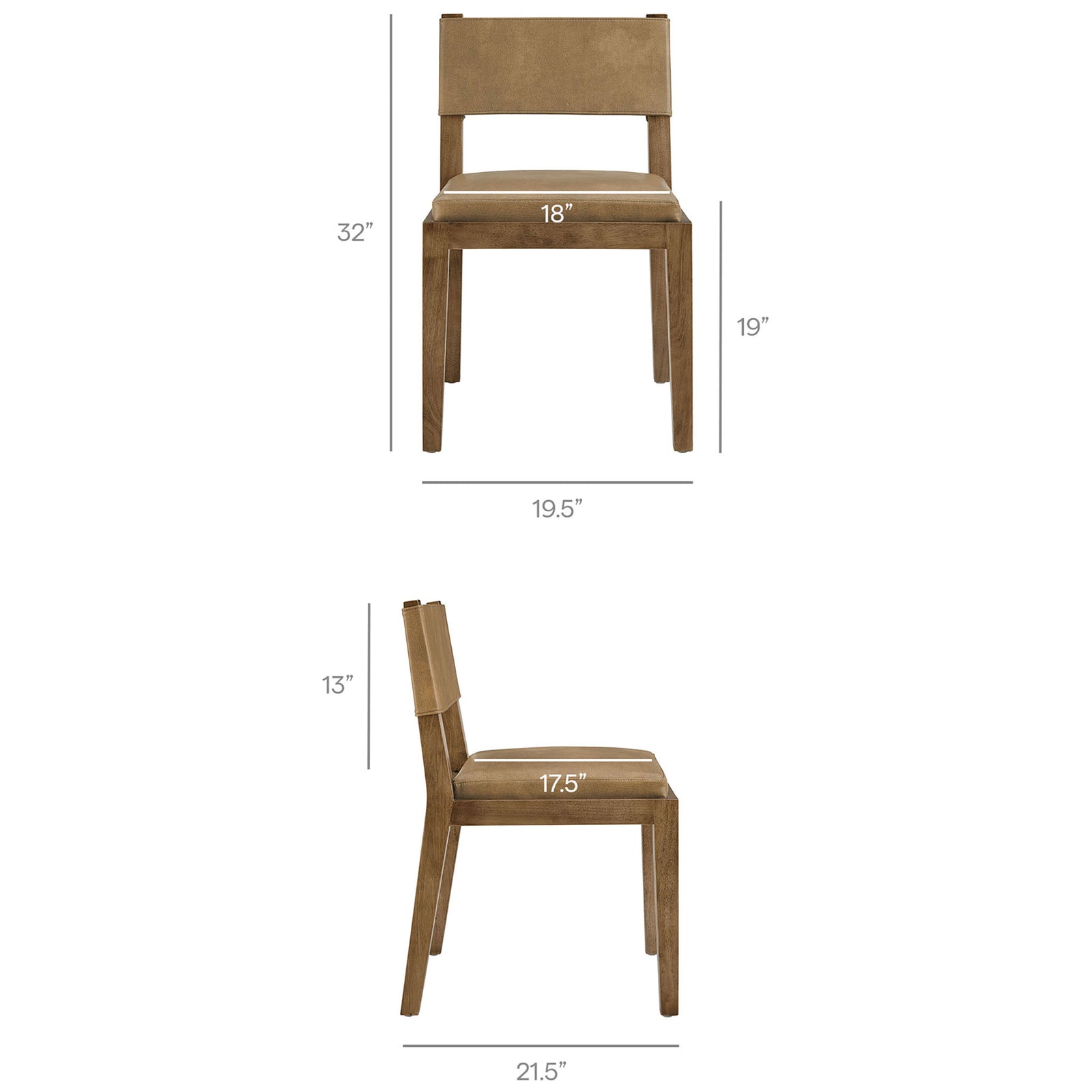 Calder toast vegan leather dining chair shown with key height, width, and seat measurements for easy room planning || EEI-7527-TST || dimension_studio