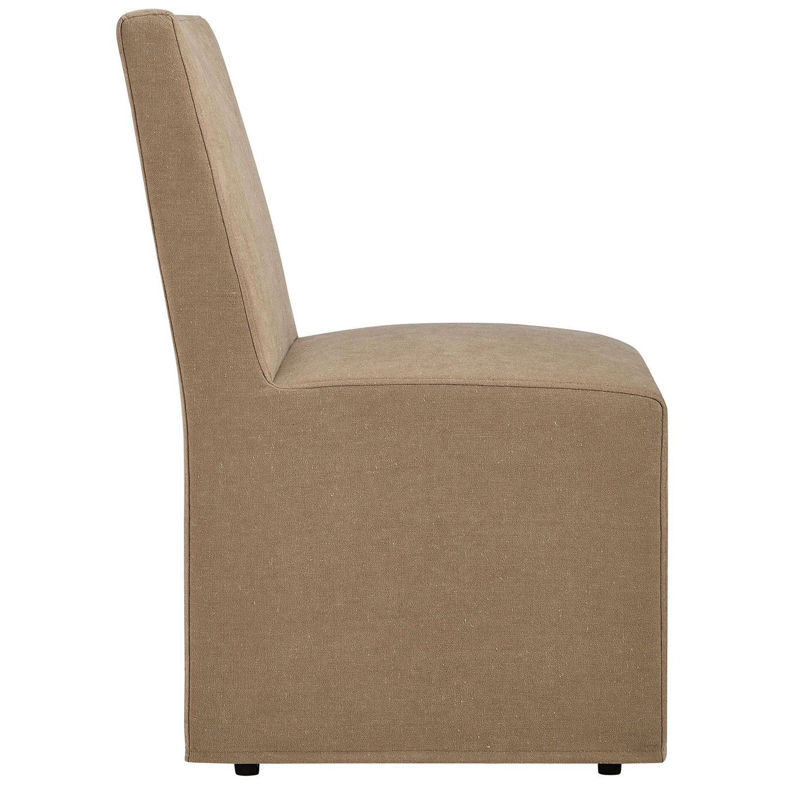 Side view of the almond linen-blend dining chair highlighting its boxy silhouette and full slipcover || EEI-7528-ALM || side_studio