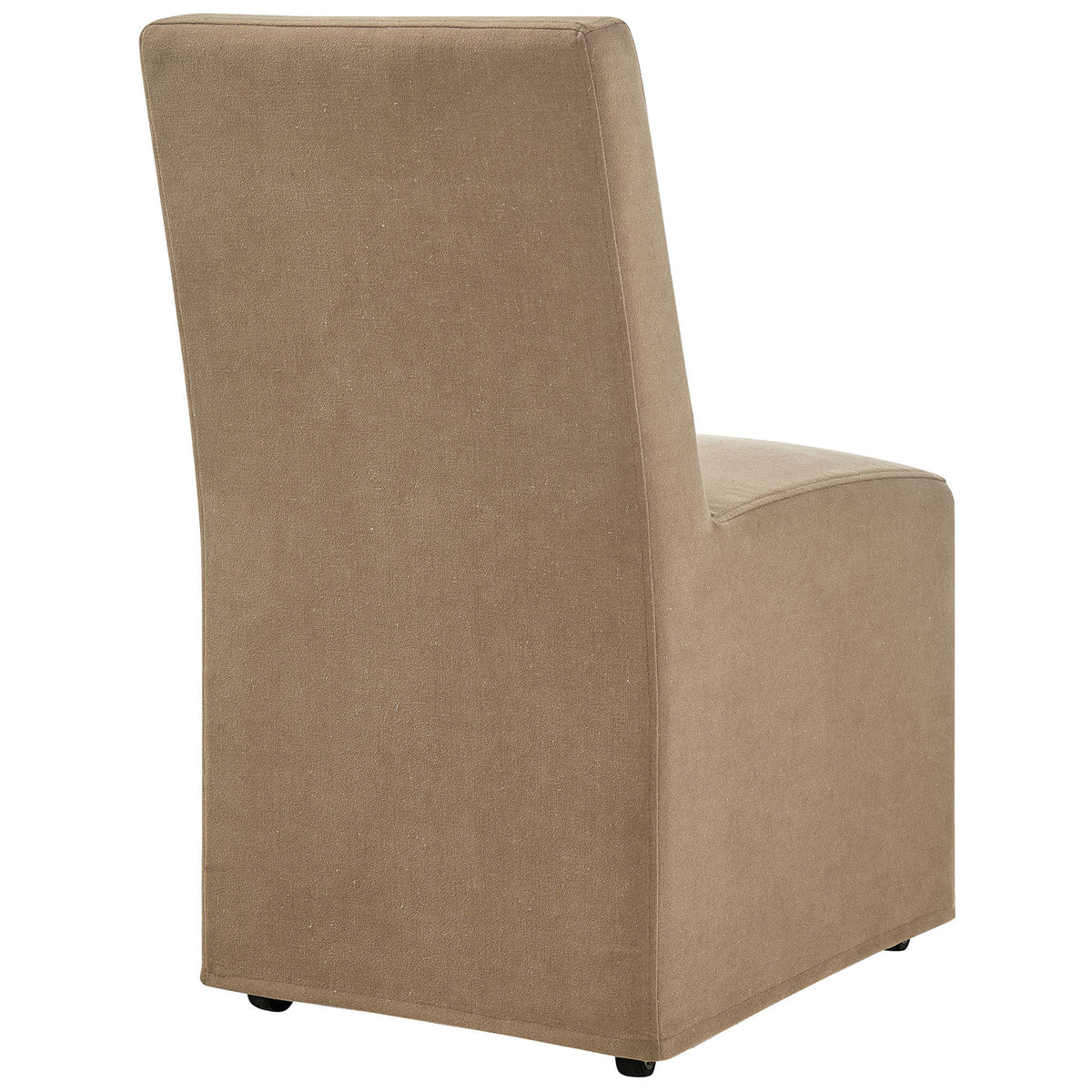 Back of the almond slipcovered dining chair emphasizing the smooth tailored lines and slim profile || EEI-7528-ALM || back_angle_studio