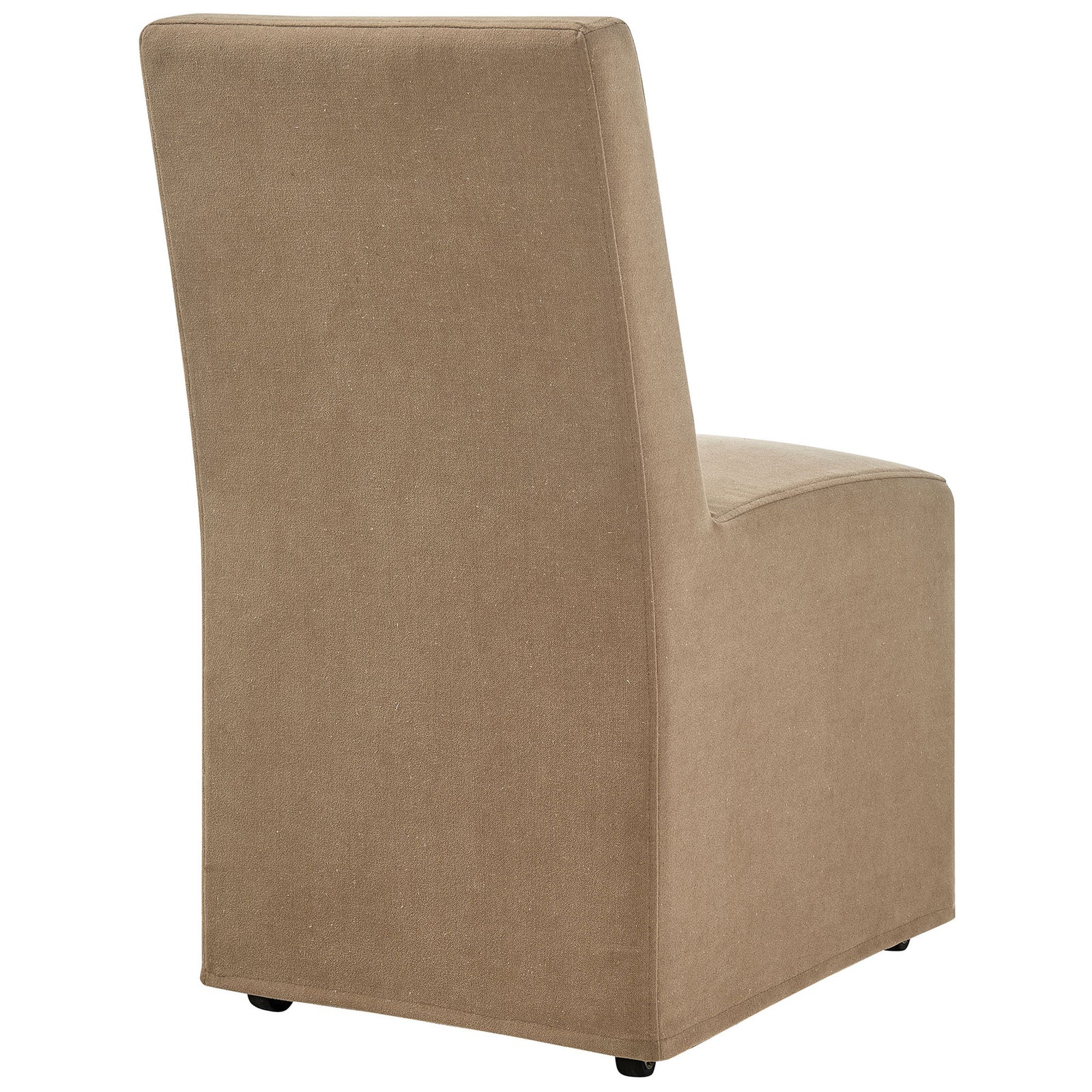 Back of the almond slipcovered dining chair emphasizing the smooth tailored lines and slim profile || EEI-7528-ALM || back_angle_studio