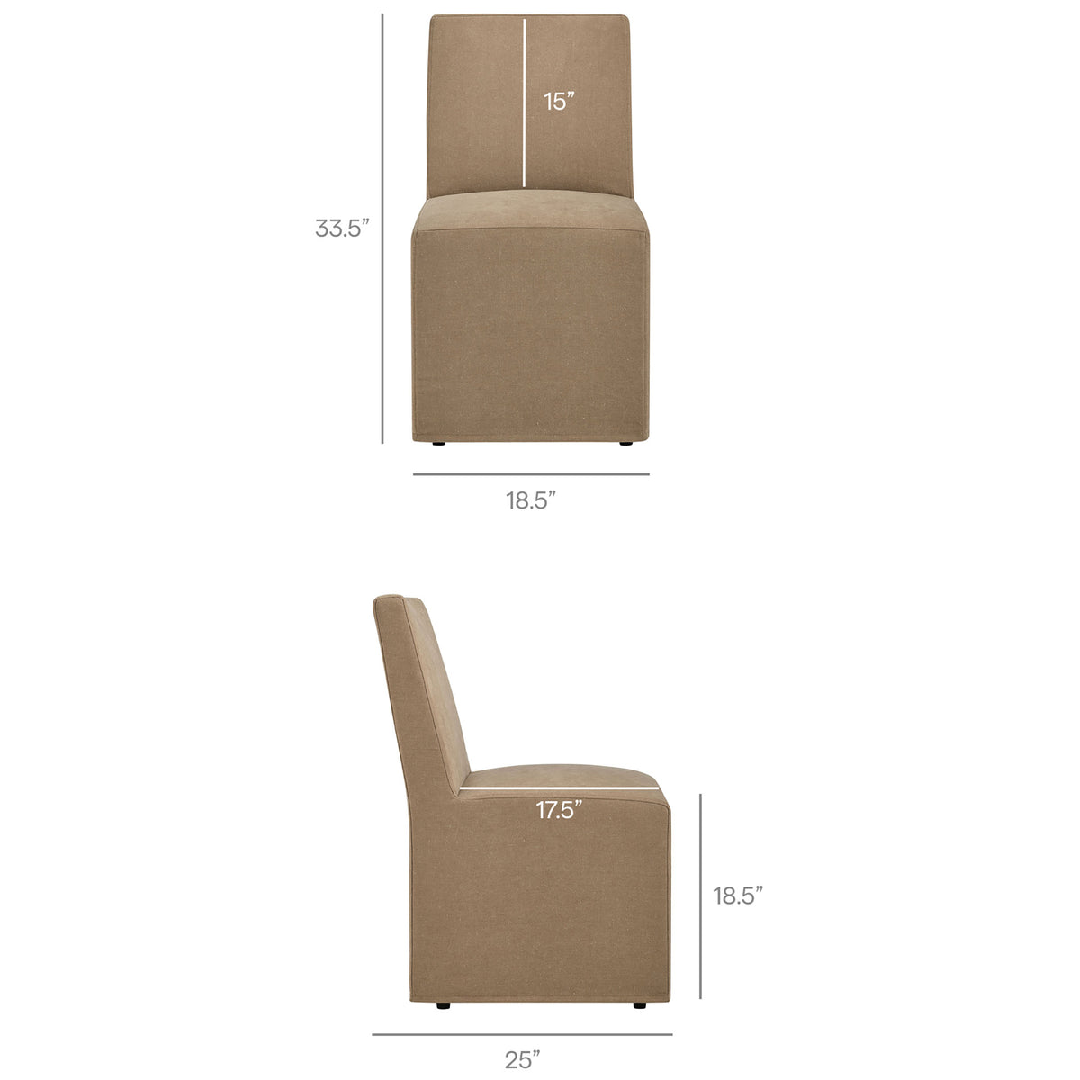 Dining chair dimensions in inches show overall height, seat width, depth, and sitting height clearly labeled || EEI-7528-ALM || dimension_studio