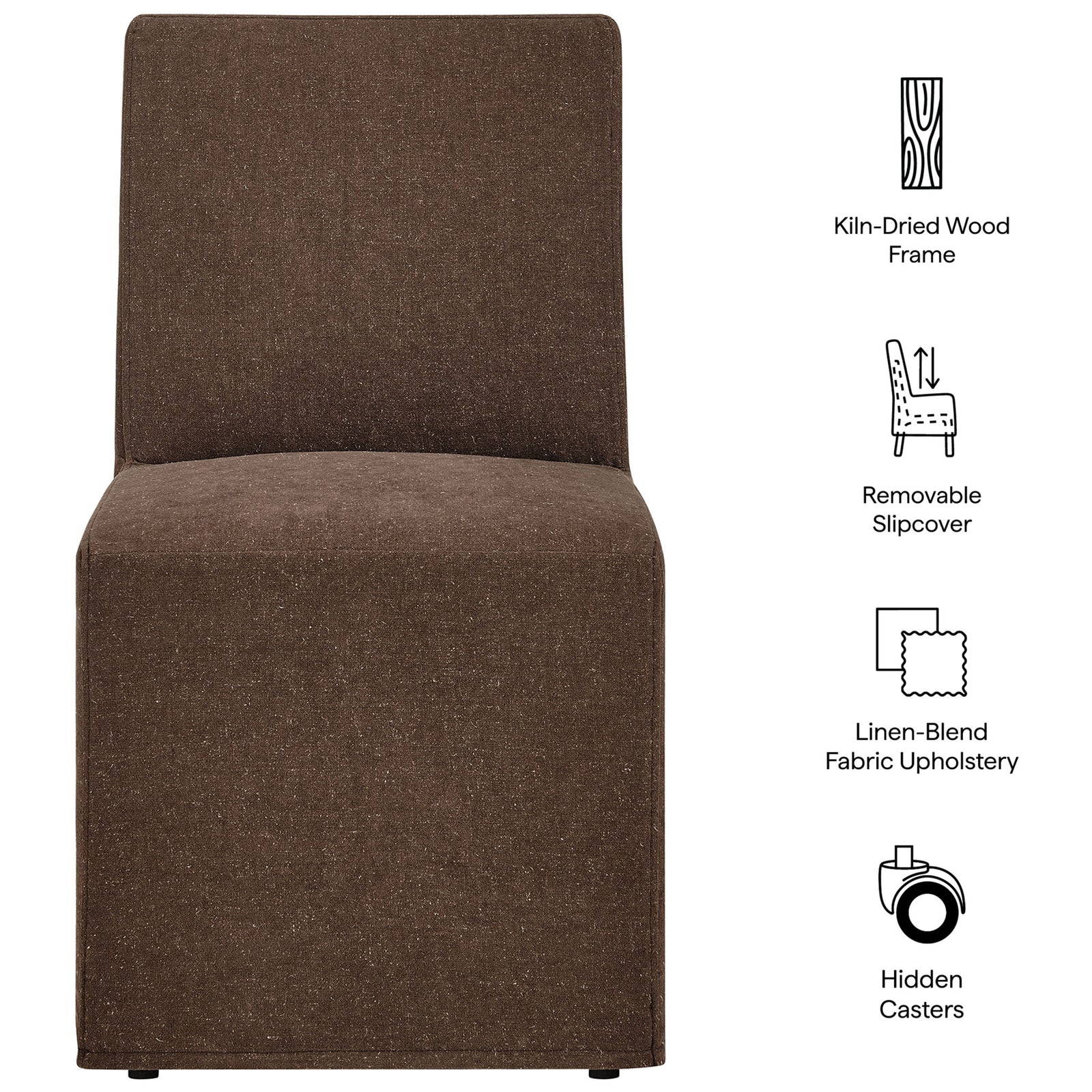 Cocoa slipcovered dining chair highlighting kiln-dried wood frame, removable cover, and hidden casters || EEI-7528-COA || callout_studio
