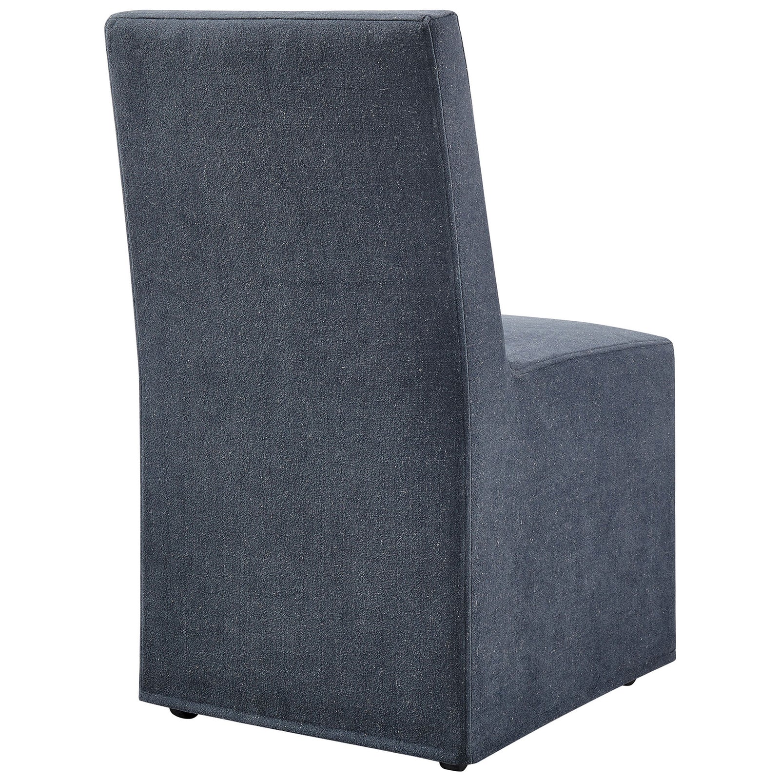 Denim slipcovered dining chair with smooth tailored back panel and crisp minimalist lines || EEI-7528-DEN || back_angle_studio