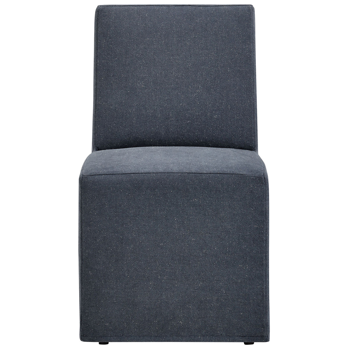 Modern denim slipcovered dining chair with tailored silhouette and supportive tall backrest || EEI-7528-DEN || front_studio