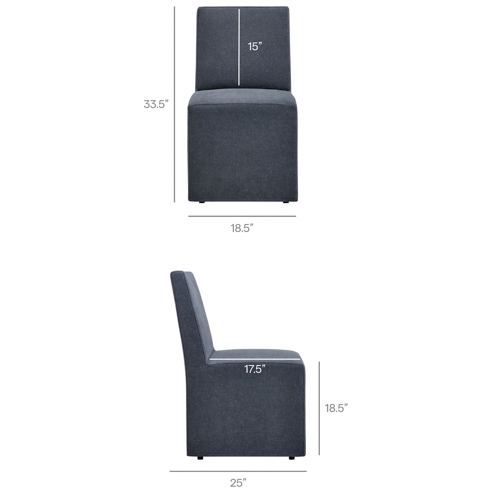 Dimension guide for denim slipcovered dining chair showing overall height, width, and seat depth || EEI-7528-DEN || dimension_studio