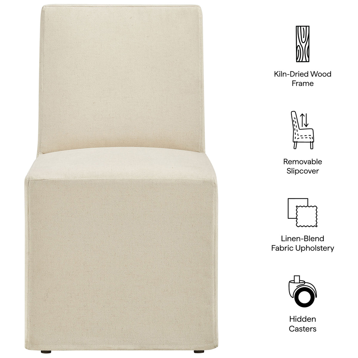 Feature highlights of the Tessera linen-blend slipcovered dining chair, including hidden casters and removable cover. || EEI-7528-LIN || callout_studio