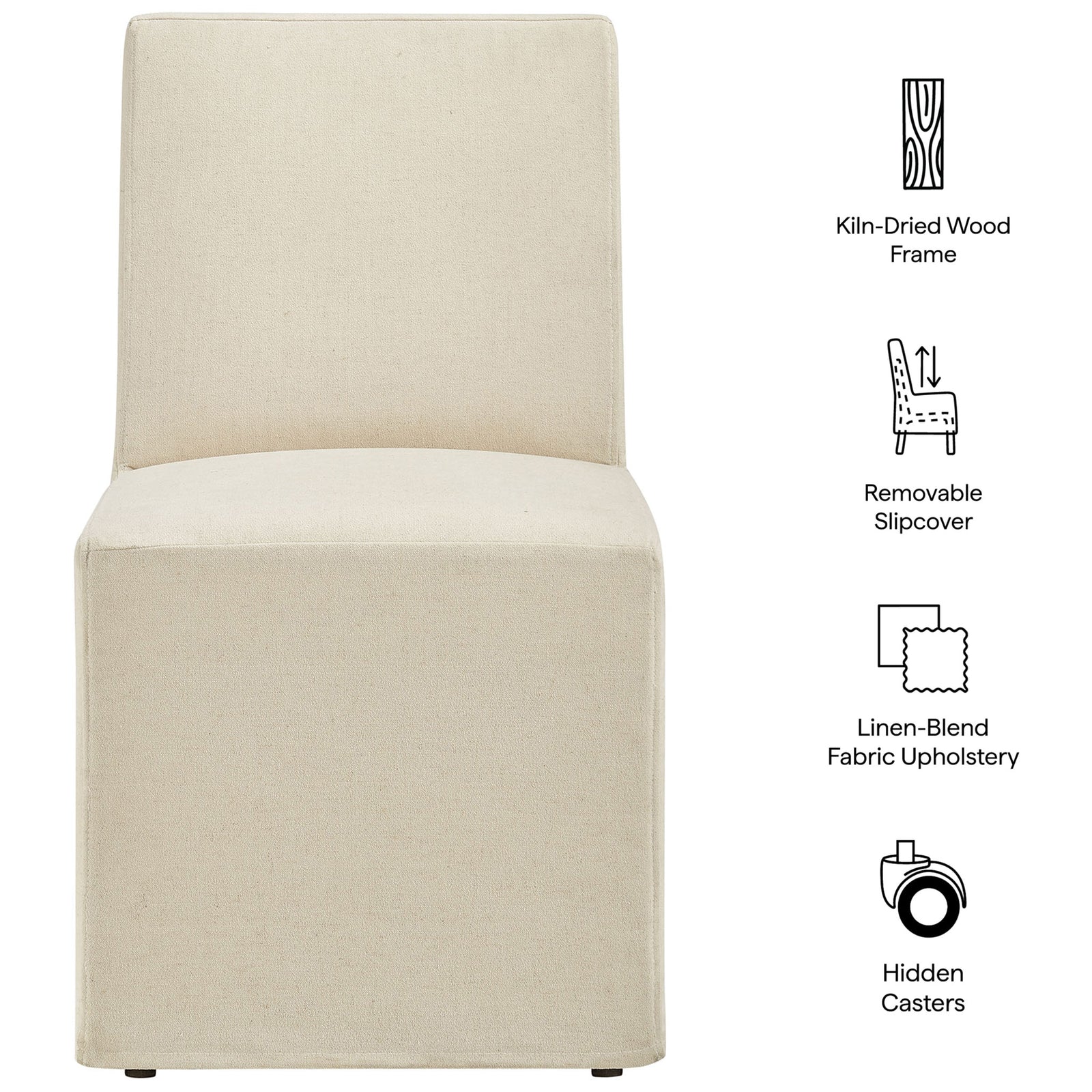 Feature highlights of the Tessera linen-blend slipcovered dining chair, including hidden casters and removable cover. || EEI-7528-LIN || callout_studio