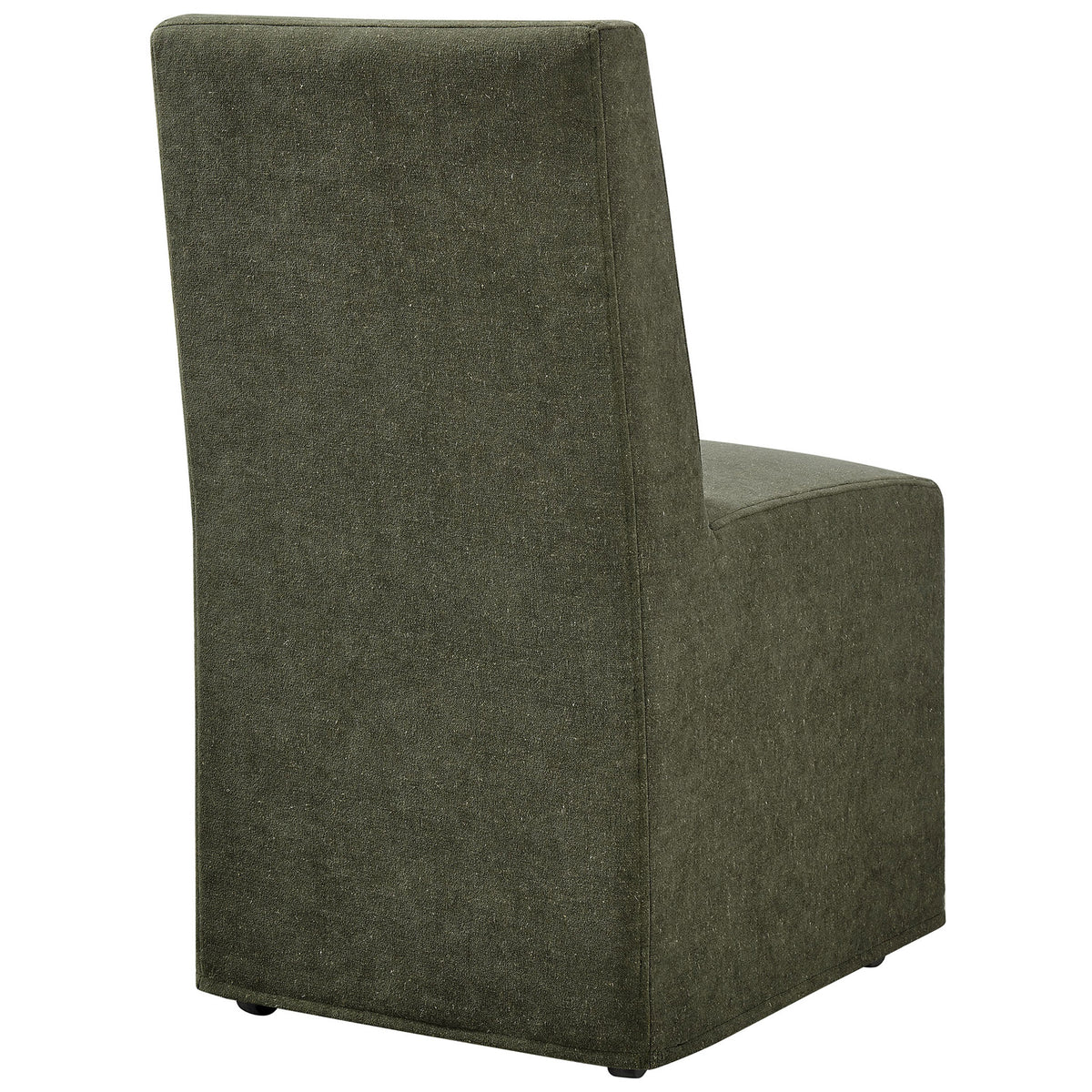 Fully slipcovered dining chair with sleek tapered back and subtle texture in sage upholstery || EEI-7528-SGE || back_angle_studio