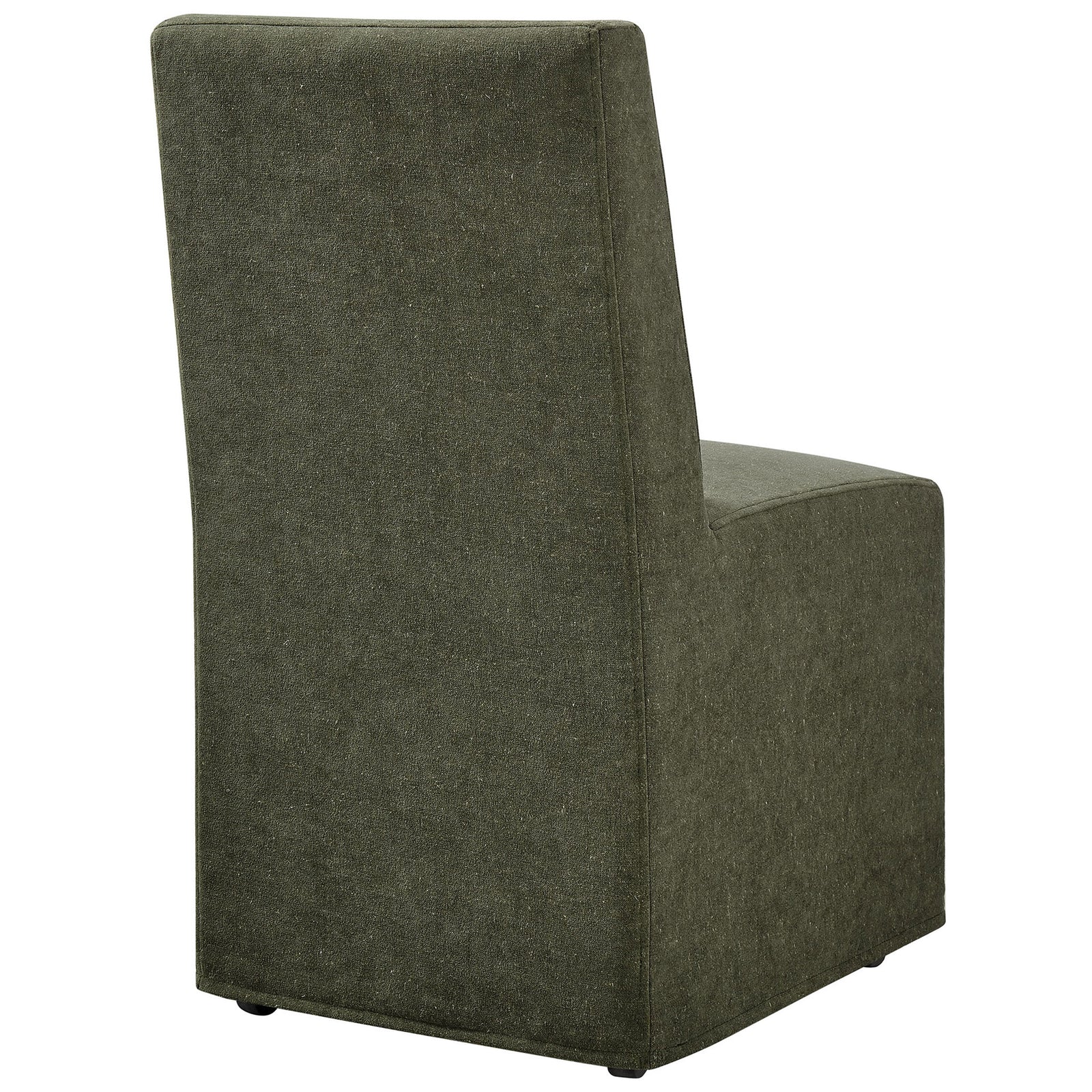 Fully slipcovered dining chair with sleek tapered back and subtle texture in sage upholstery || EEI-7528-SGE || back_angle_studio
