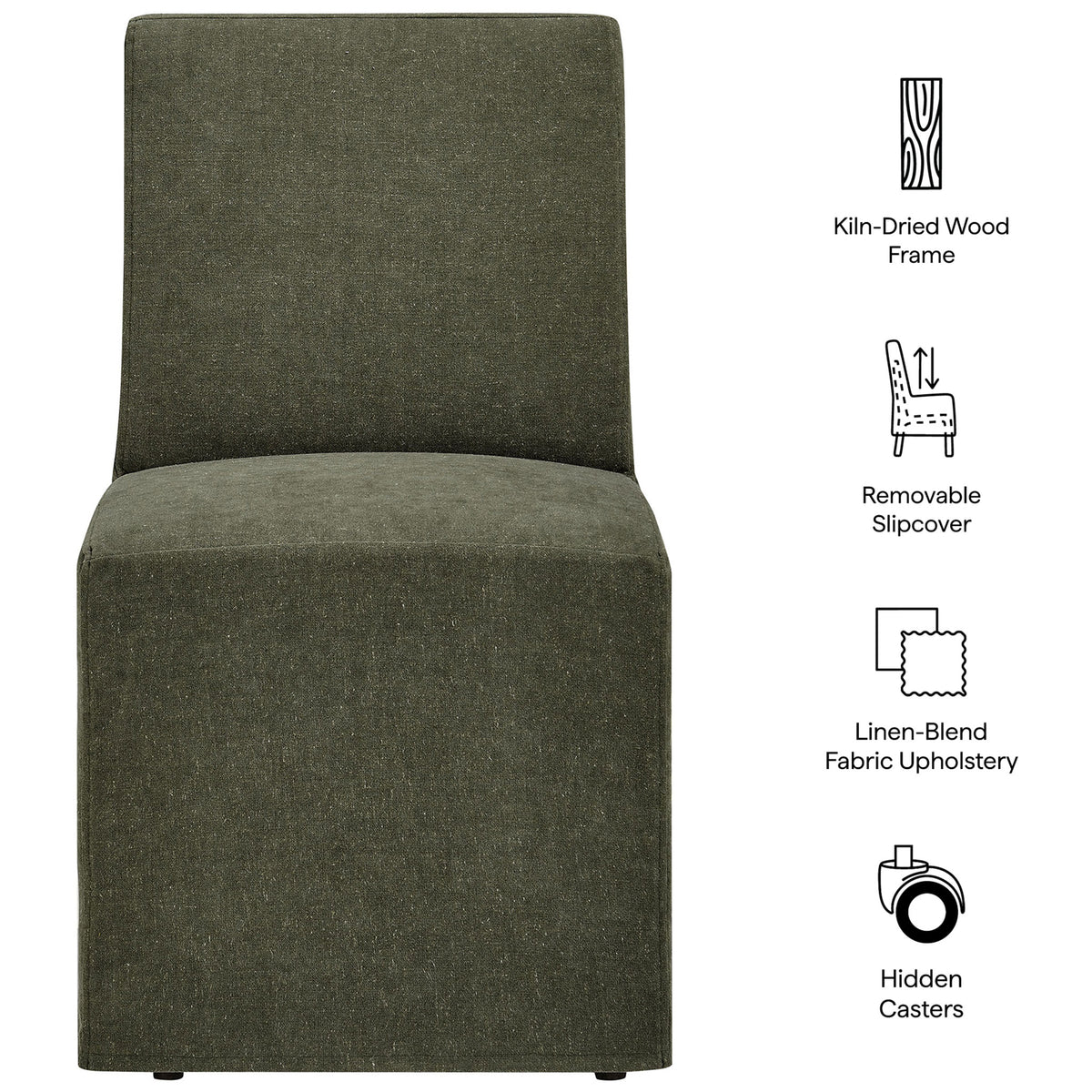 Feature graphic highlighting kiln-dried wood frame, linen-blend slipcover, and hidden casters || EEI-7528-SGE || callout_studio