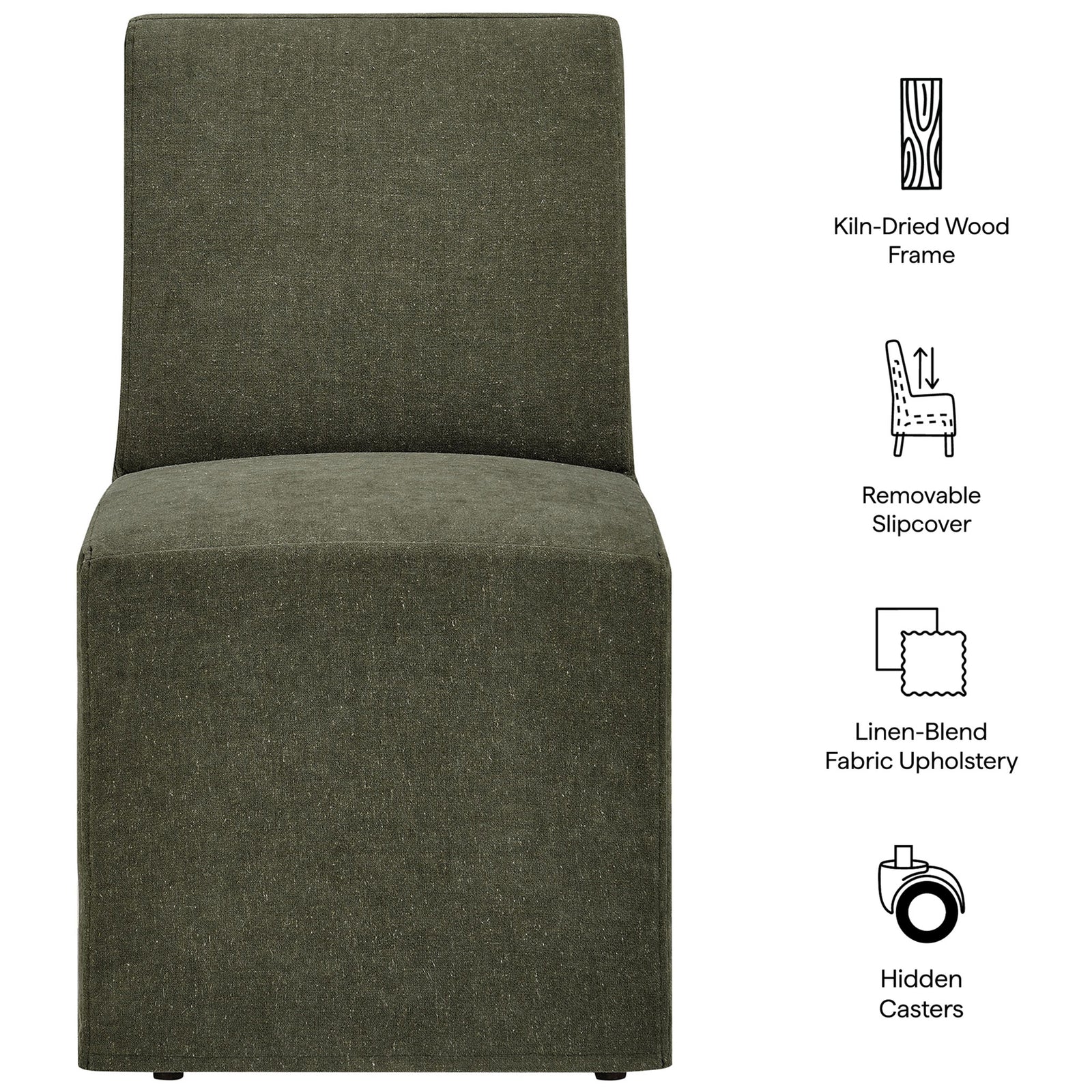 Feature graphic highlighting kiln-dried wood frame, linen-blend slipcover, and hidden casters || EEI-7528-SGE || callout_studio