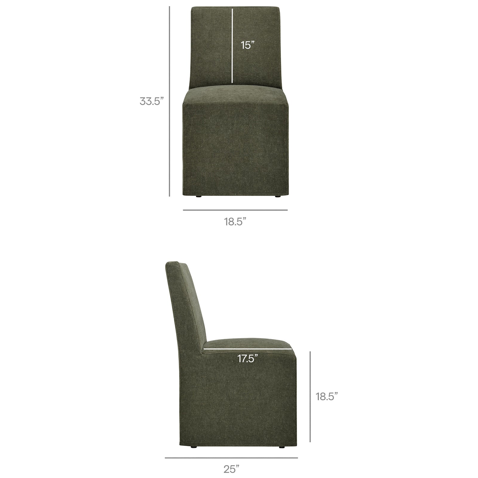 Dimension guide for the Tessera slipcovered dining chair showing overall height, width, and depth || EEI-7528-SGE || dimension_studio