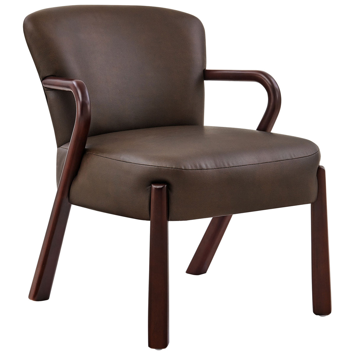Curved wood frame and generous cushioning bring retro elegance to this espresso faux leather armchair || EEI-7529-ESP || front_angle_studio