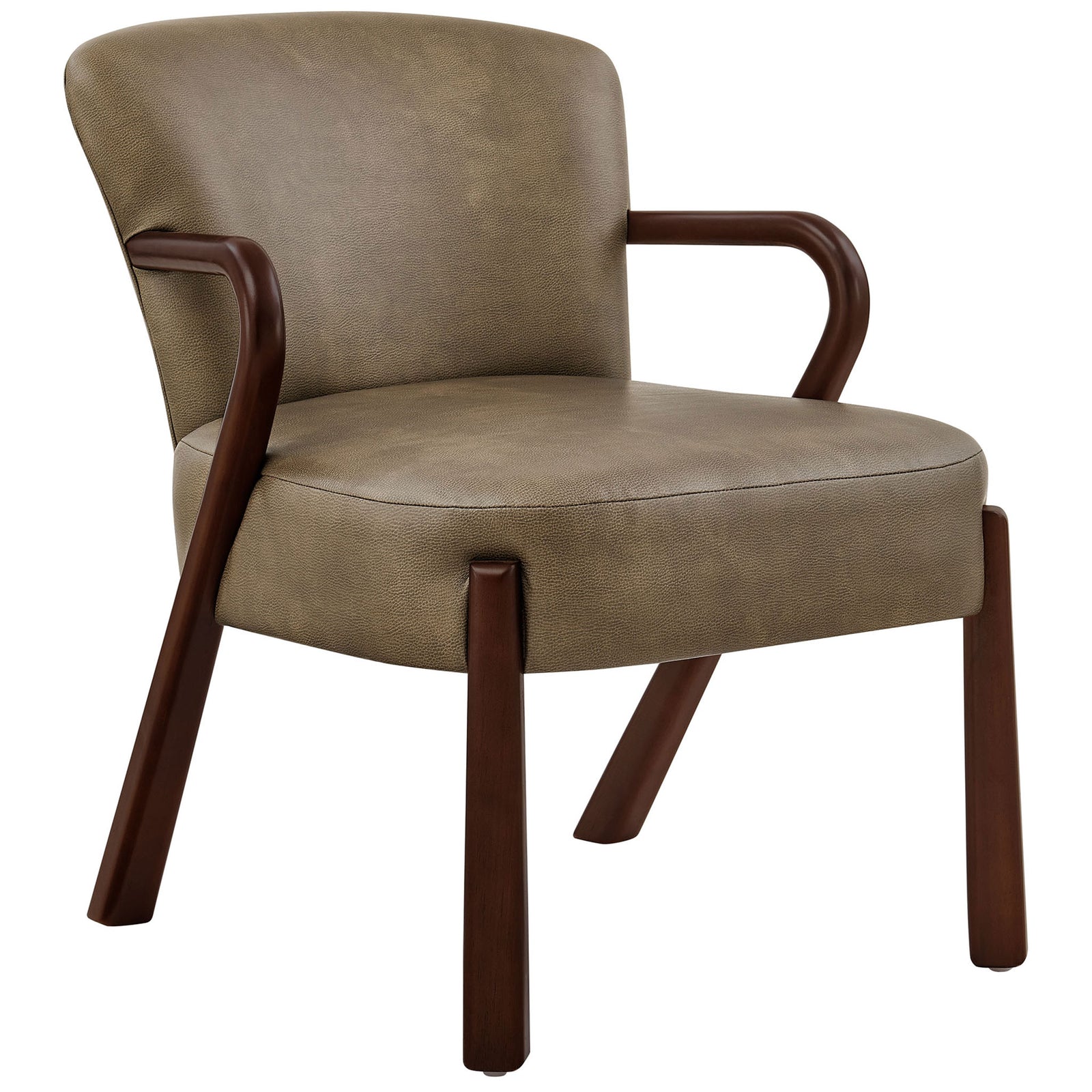 Mushroom faux leather armchair with sculptural curved wood arms and legs, plush seat, and rounded back || EEI-7529-MUS || front_angle_studio