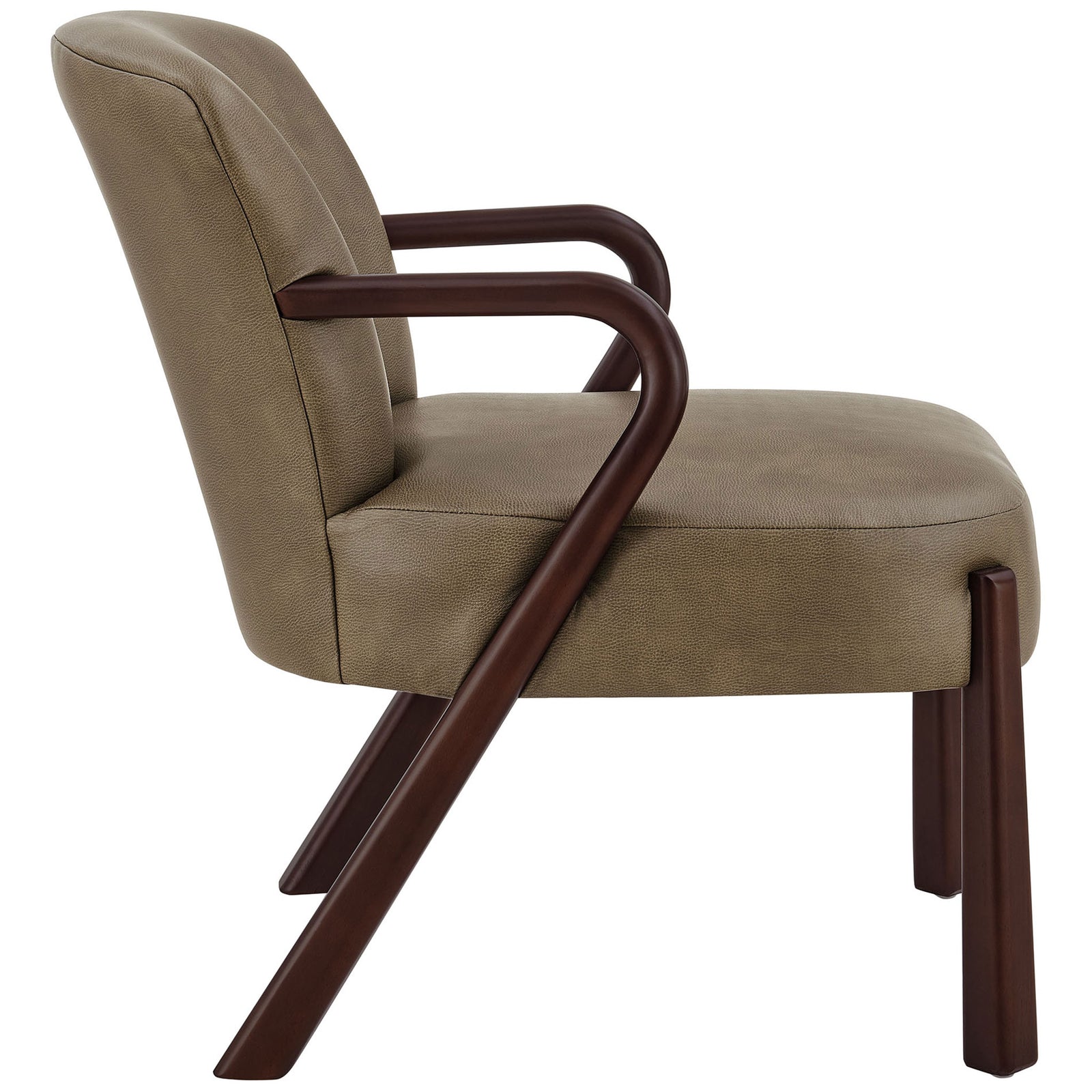 Curved wood arm flows into angled legs beside a thick, cushioned seat in vegan leather || EEI-7529-MUS || side_studio