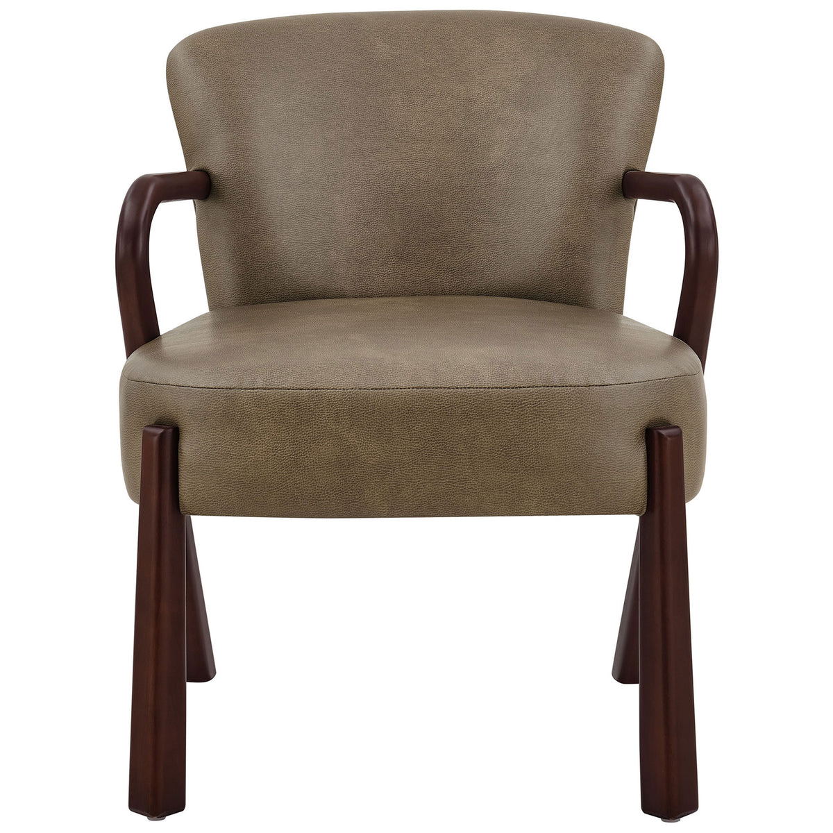 Wide cushioned seat and wraparound back in mushroom faux leather with warm walnut-finish wood base || EEI-7529-MUS || front_studio
