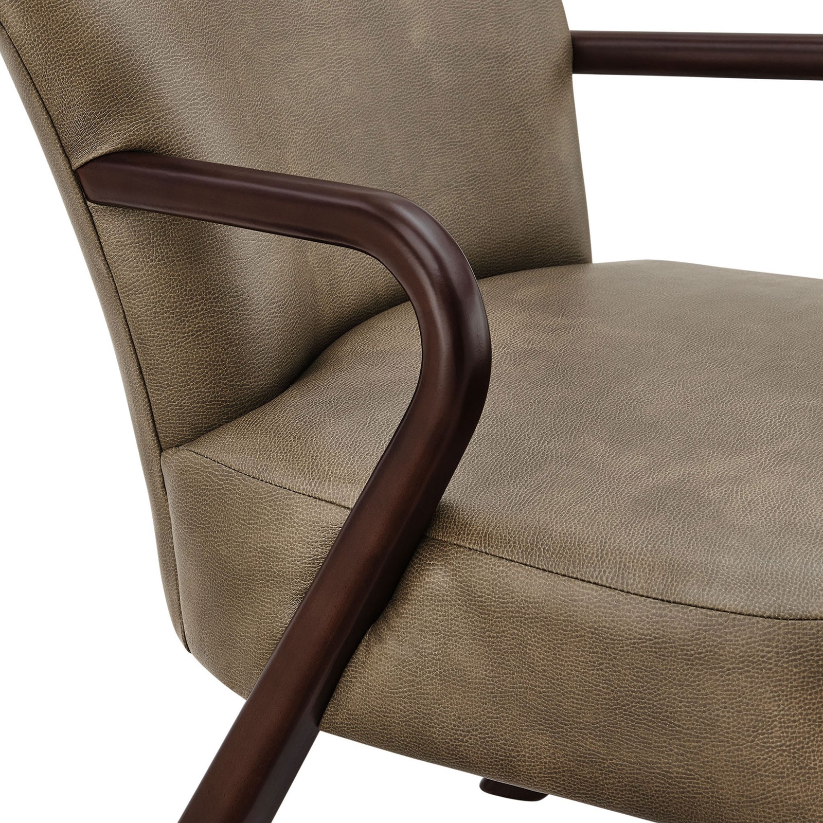 Smooth vegan leather texture meets a gracefully curved solid wood arm || EEI-7529-MUS || detail_studio