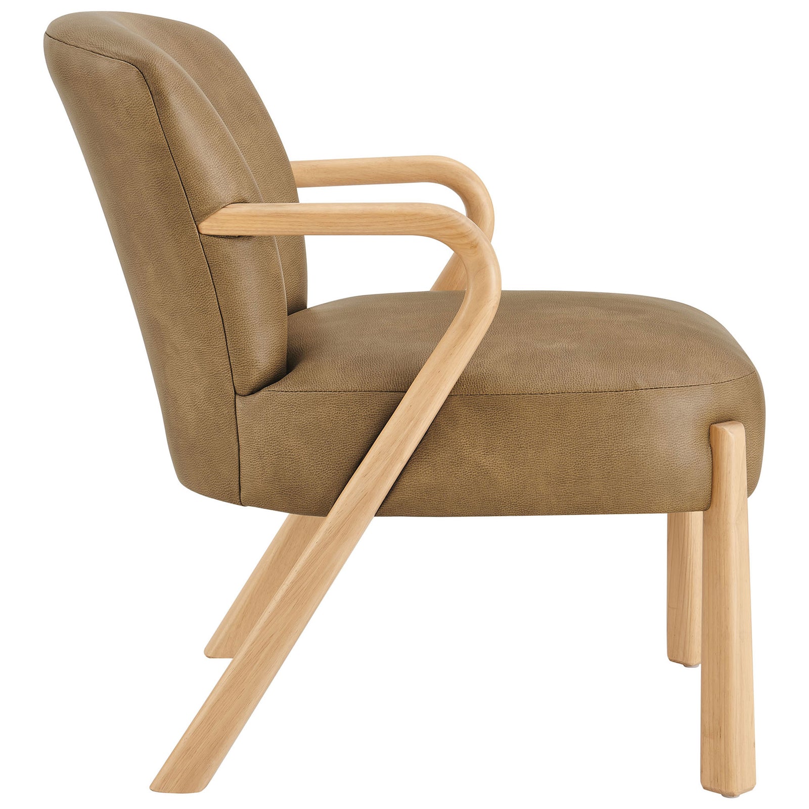 Sculpted wood arms and angled legs frame the plush vegan leather seat in rich toast brown || EEI-7529-TST || side_studio
