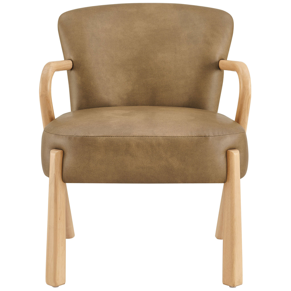 Cushioned accent chair in toast vegan leather with rounded back and open wood arms || EEI-7529-TST || front_studio