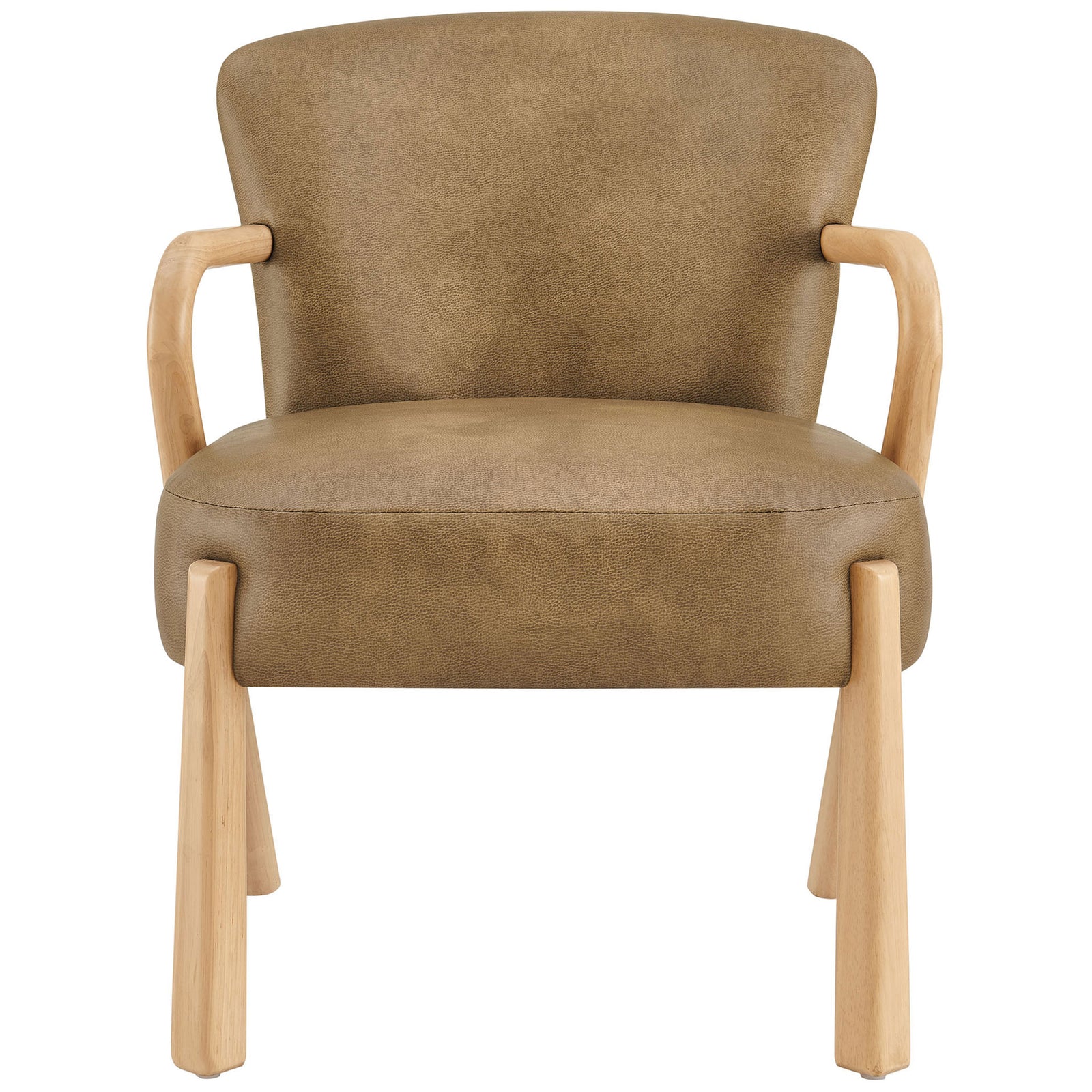Cushioned accent chair in toast vegan leather with rounded back and open wood arms || EEI-7529-TST || front_studio