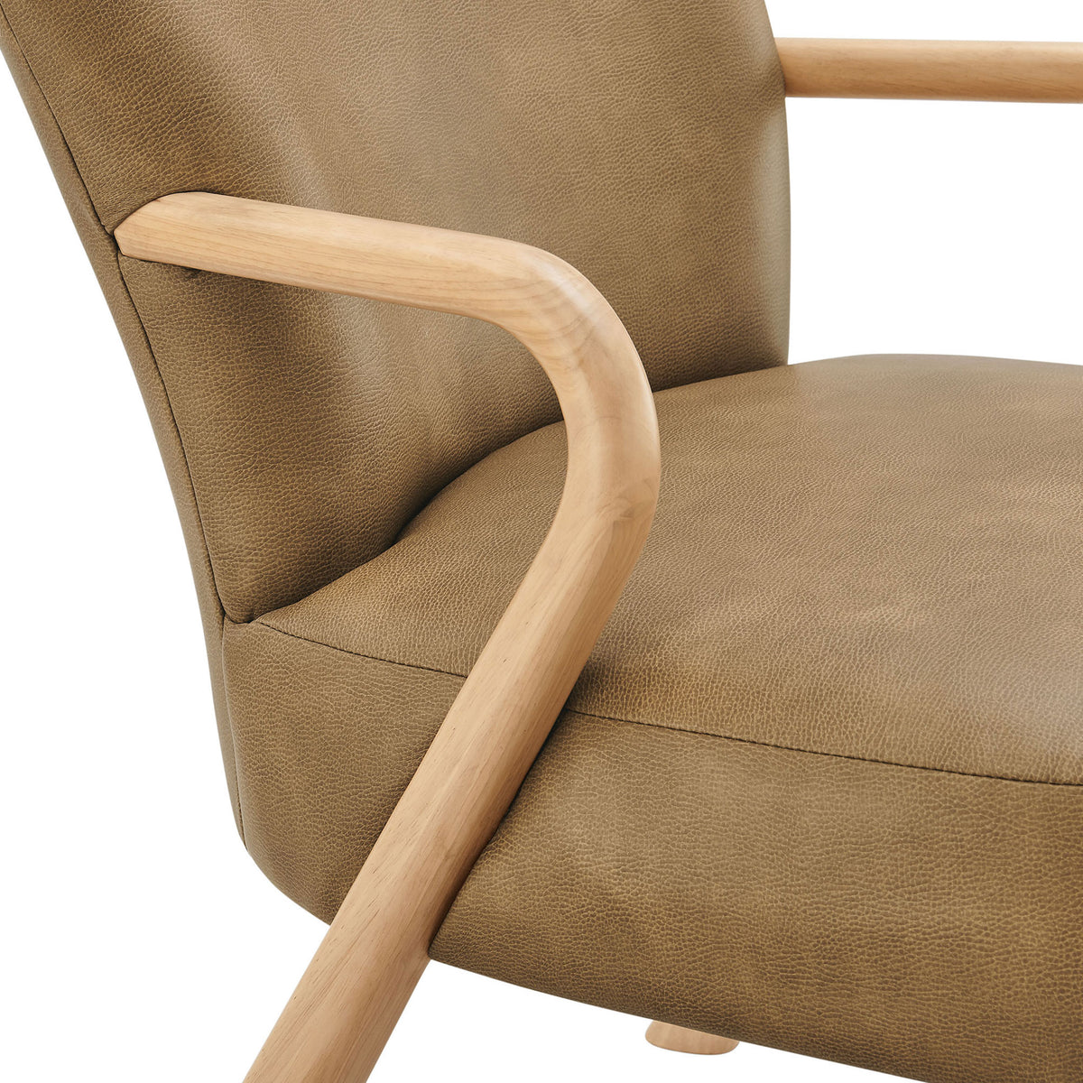 Rounded wood arm meets tailored vegan leather seat with neat stitching || EEI-7529-TST || detail_studio