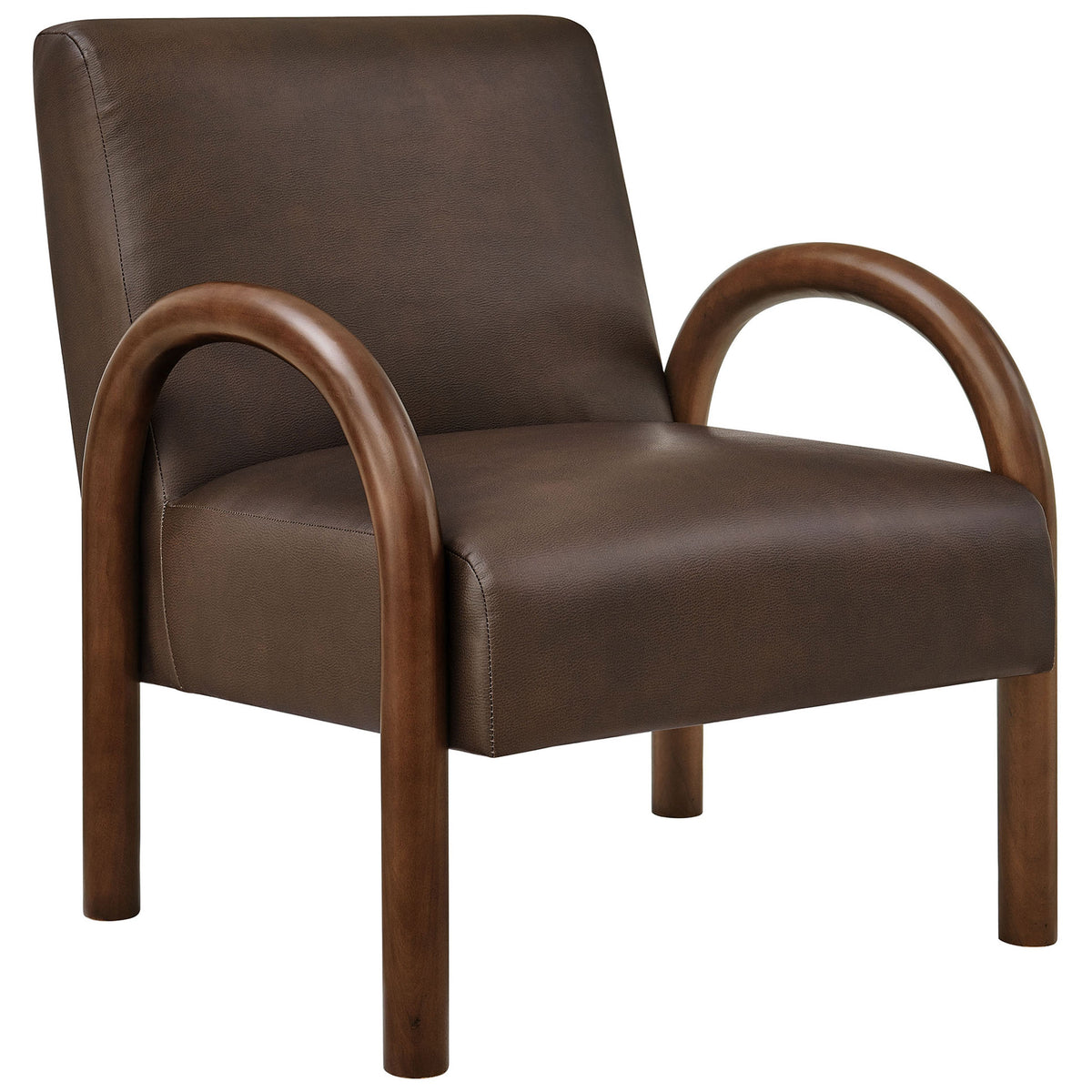 Curved wood arms flow into sturdy legs around a plush espresso faux leather seat || EEI-7530-ESP || front_angle_studio