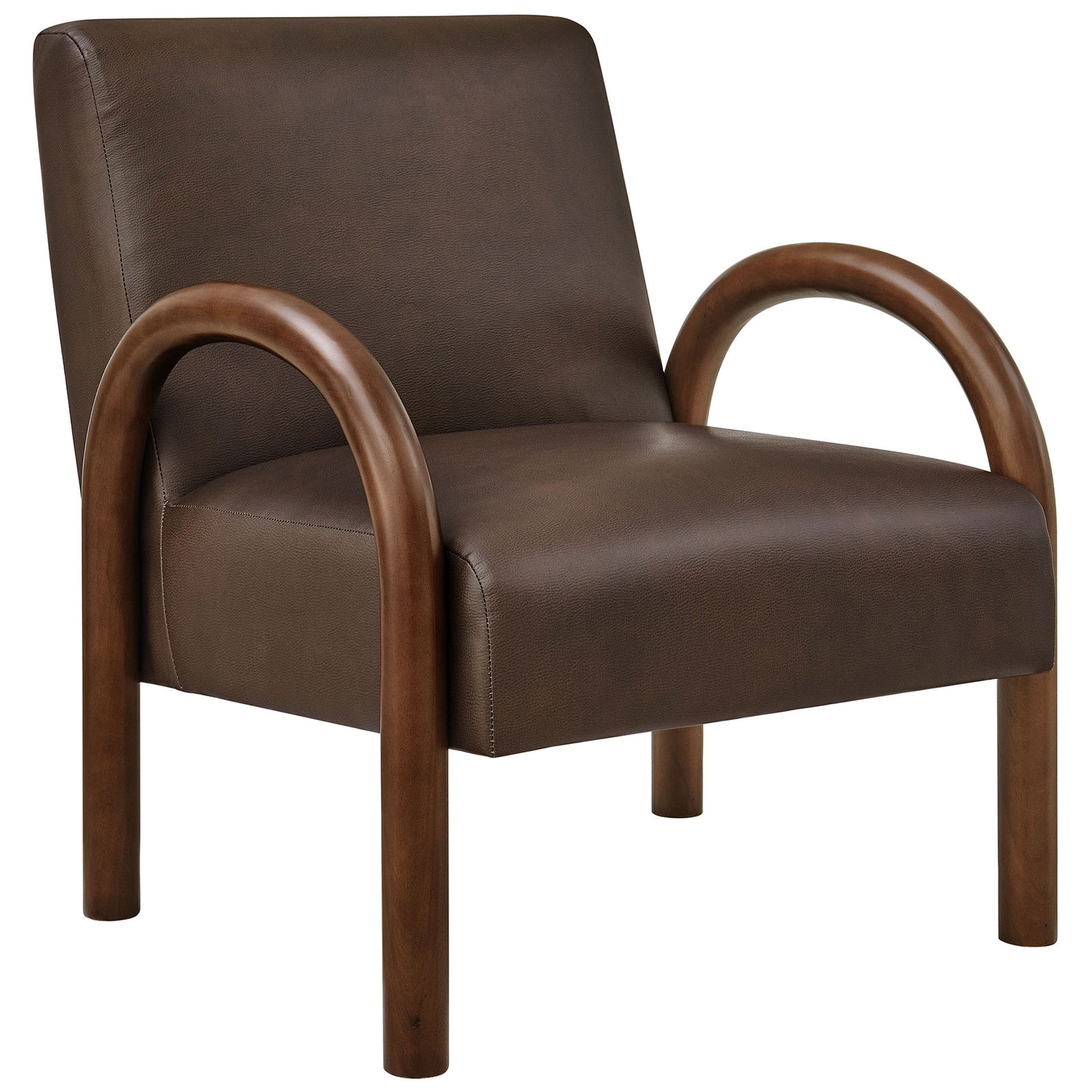 Curved wood arms flow into sturdy legs around a plush espresso faux leather seat || EEI-7530-ESP || front_angle_studio