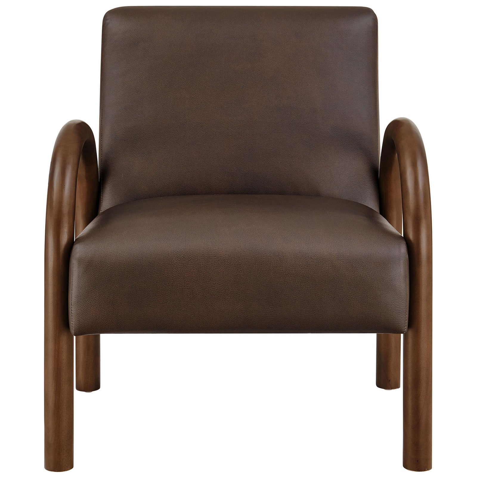 Sculptural accent chair with arched solid wood arms and espresso faux leather for modern warmth || EEI-7530-ESP || front_studio
