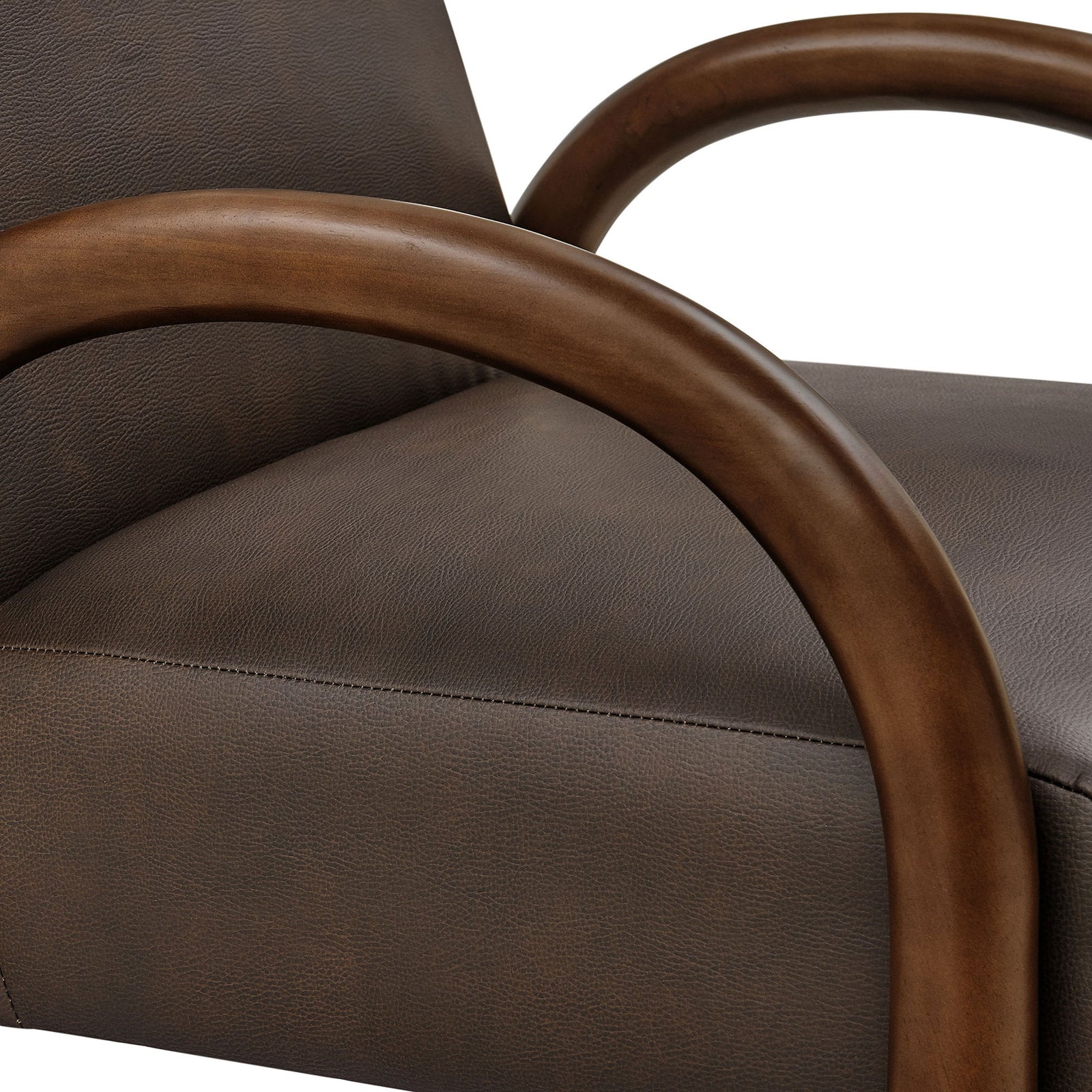 Smooth espresso faux leather pairs with the seamless curve of the solid wood arm || EEI-7530-ESP || detail_studio