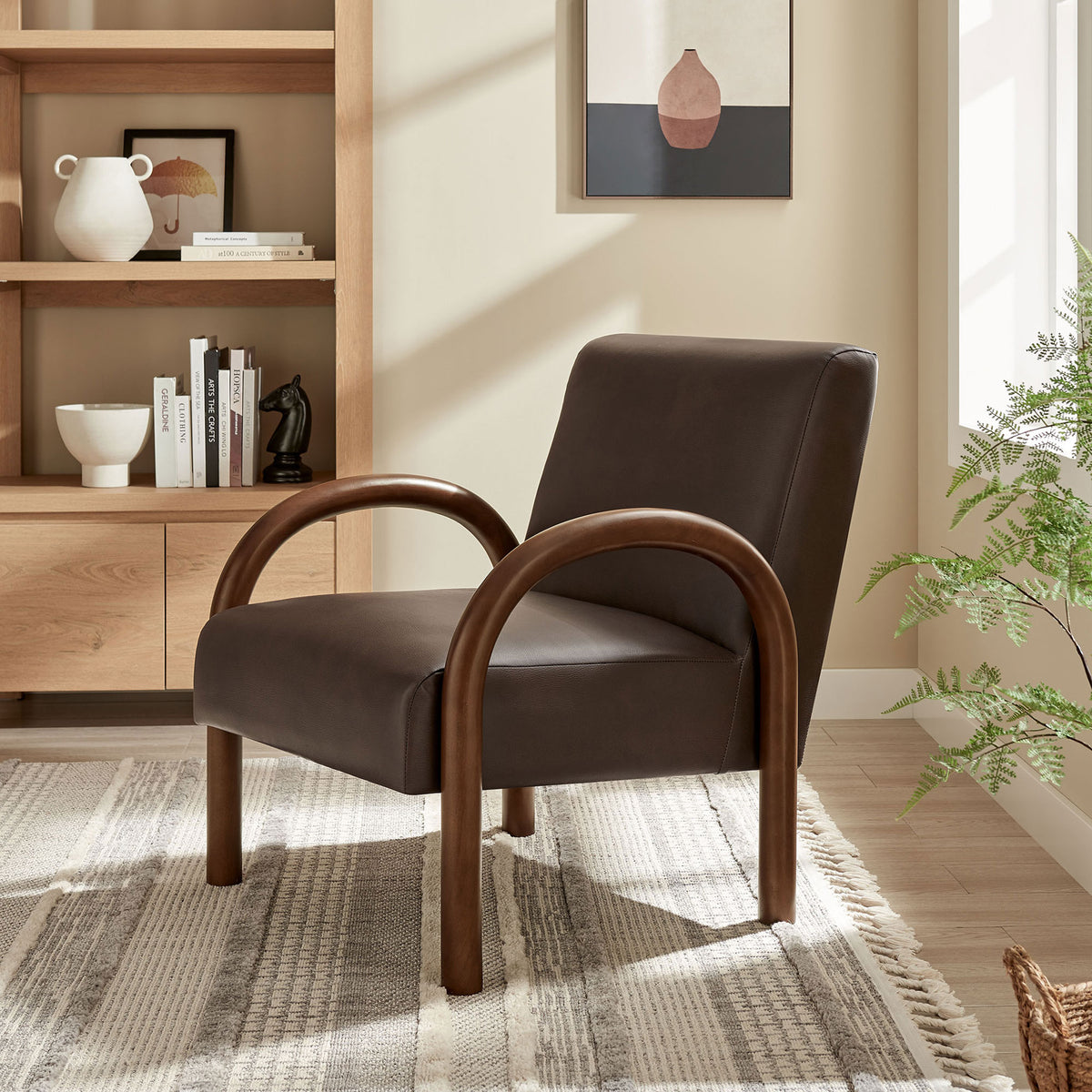 Elevate your living room with the Lunet chair, featuring warm wood arches and espresso faux leather || EEI-7530-ESP || front_angle_room