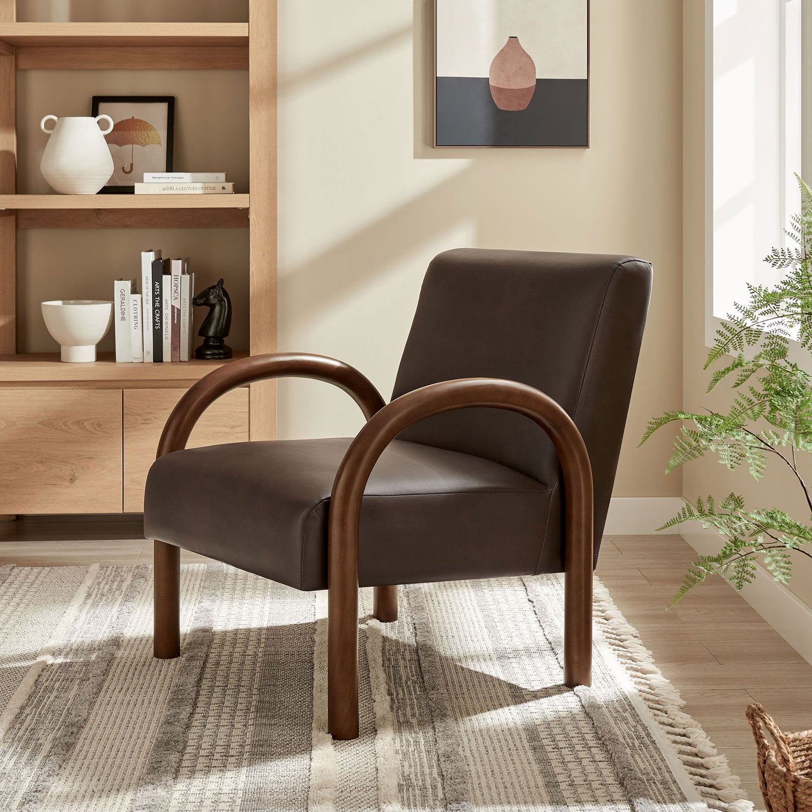 Elevate your living room with the Lunet chair, featuring warm wood arches and espresso faux leather || EEI-7530-ESP || front_angle_room