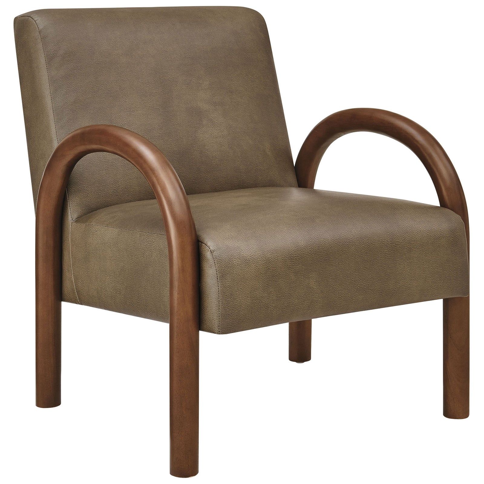 Sculptural accent chair with arched solid wood arms and mushroom faux leather upholstery || EEI-7530-MUS || front_angle_studio