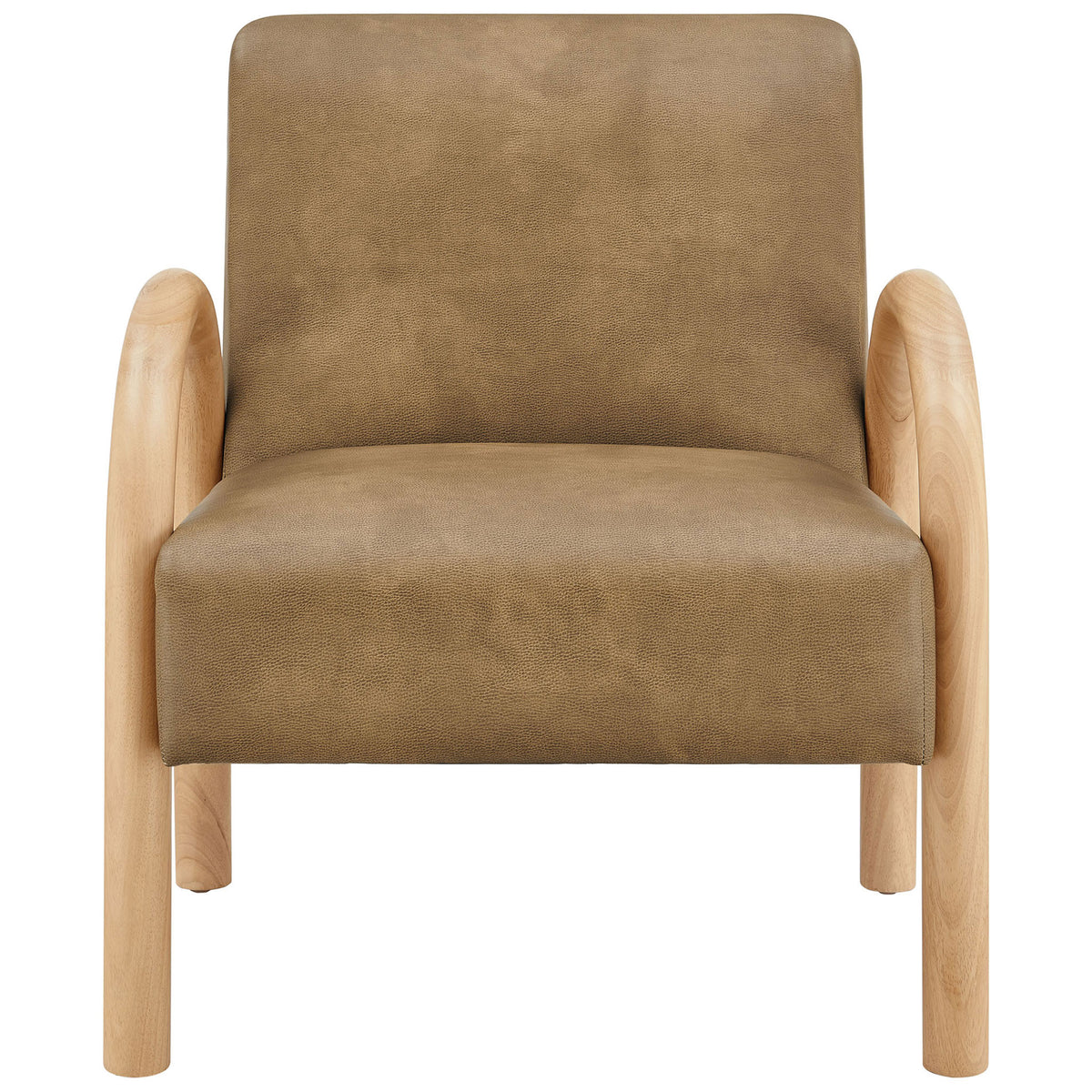 Curved wood arms frame a plush toast faux leather seat for sculptural, cozy style. || EEI-7530-TST || front_studio