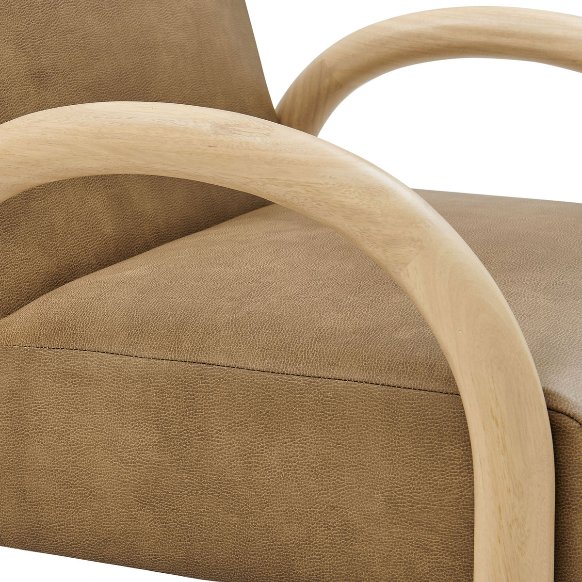 Sculpted solid wood armrest with smooth grain meets soft, textured faux leather upholstery. || EEI-7530-TST || detail_studio