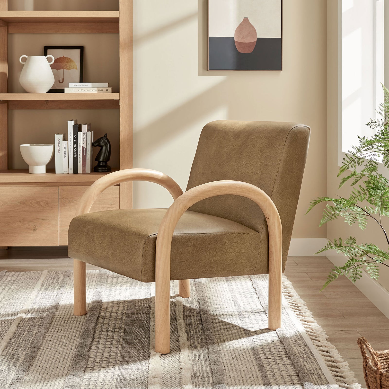 Toast faux leather and natural wood tones warm up any living space with modern charm. || EEI-7530-TST || front_angle_room