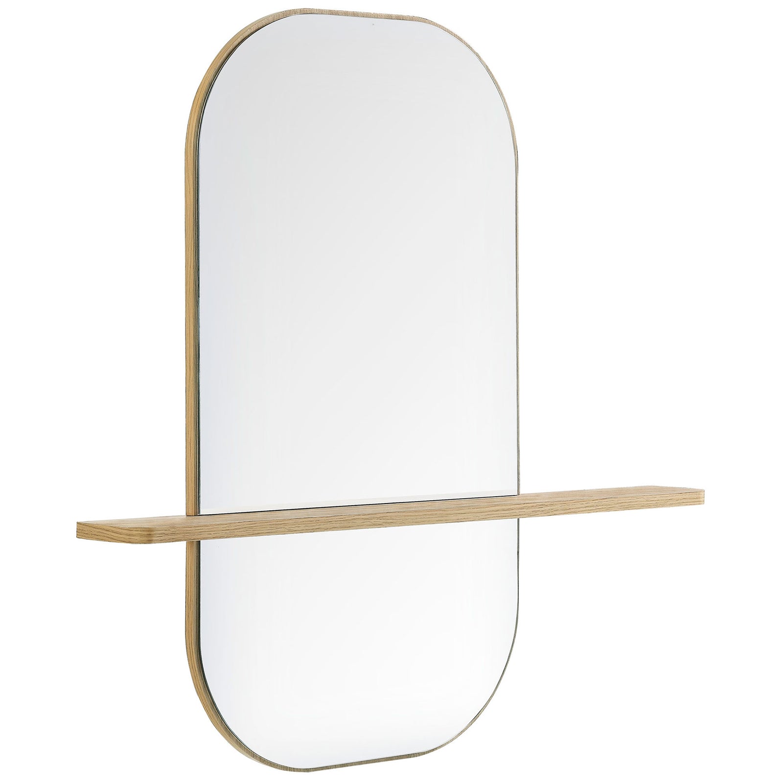 Oak-framed large mirror showcasing its slim profile and generously long shelf. || EEI-7533-OAK || front_angle_studio