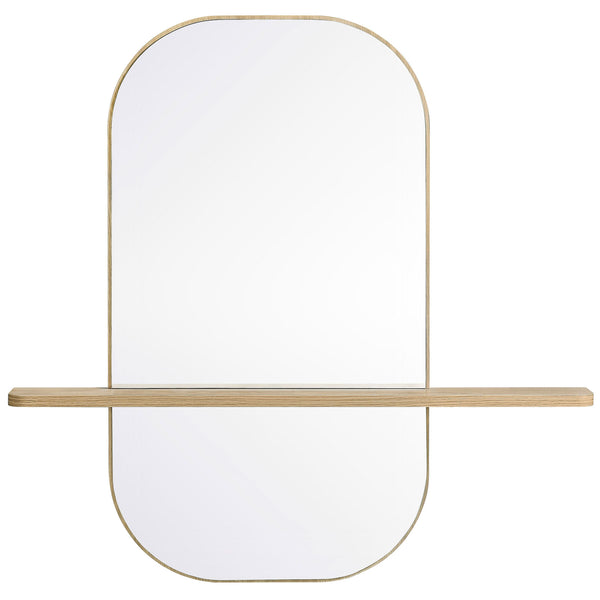 Oversized oak wall mirror with elongated rounded shape and wide display shelf. || EEI-7533-OAK || front_studio
