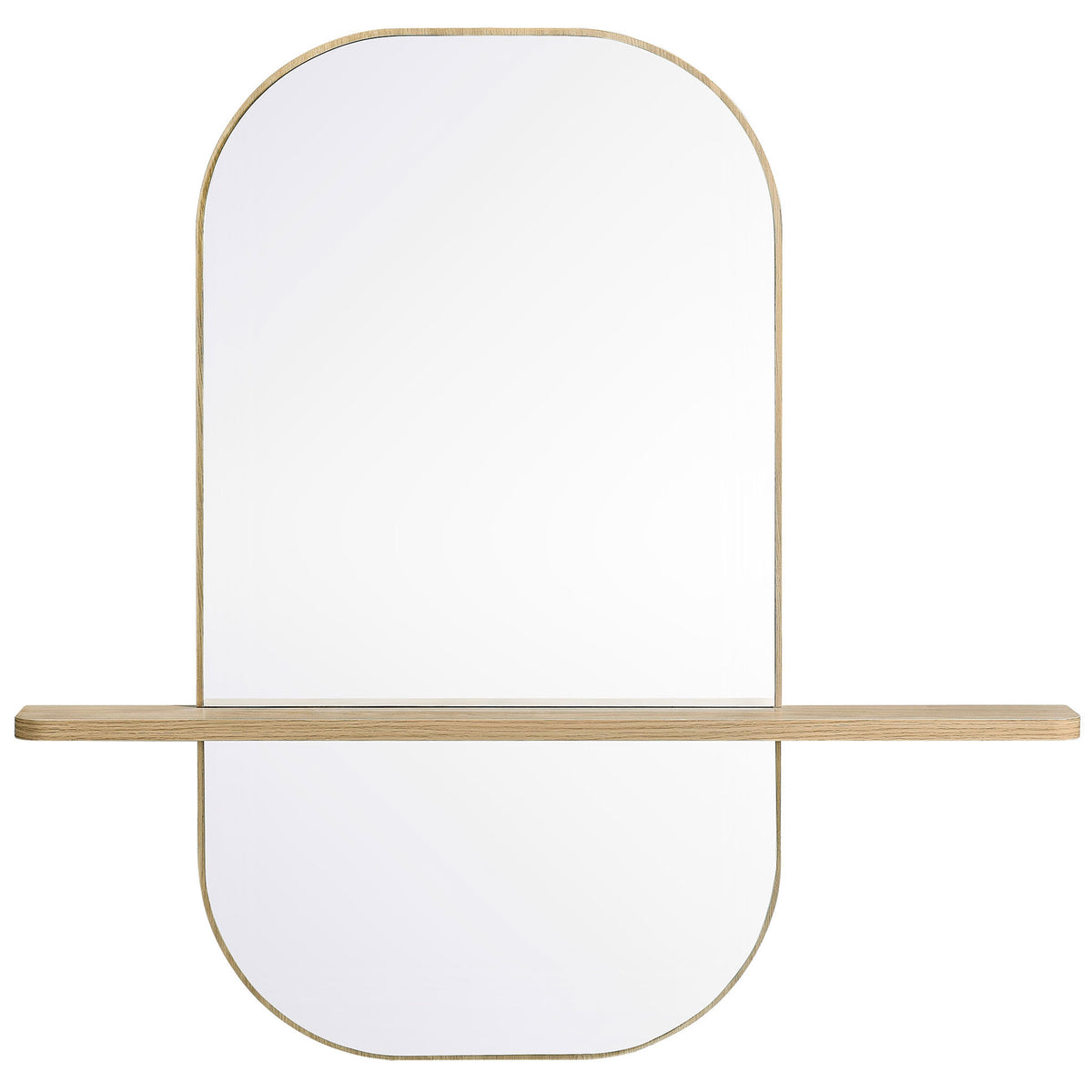 Oversized oak wall mirror with elongated rounded shape and wide display shelf. || EEI-7533-OAK || front_studio