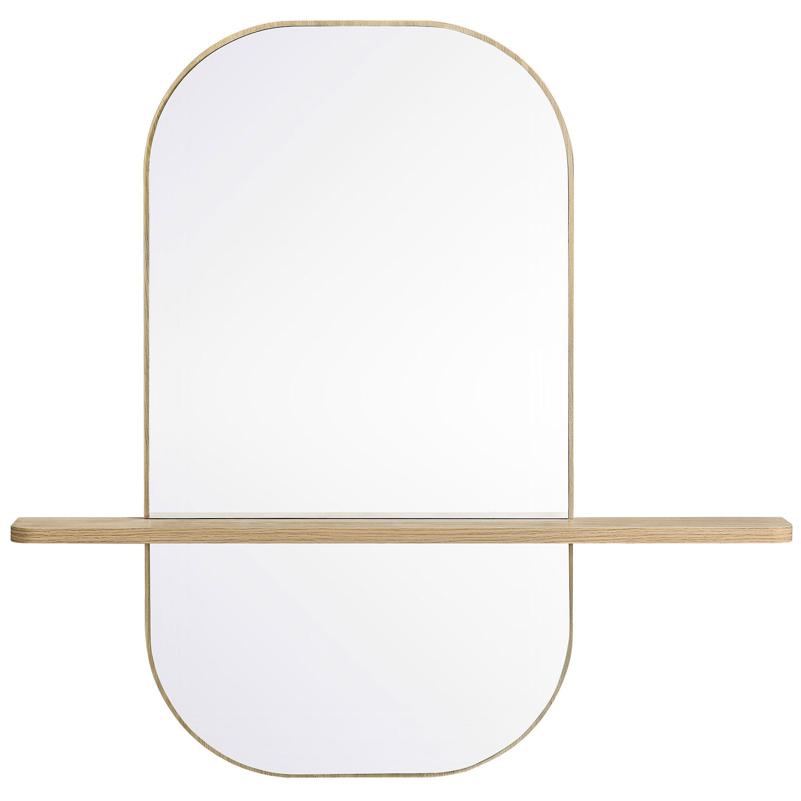 Oversized oak wall mirror with elongated rounded shape and wide display shelf. || EEI-7533-OAK || front_studio