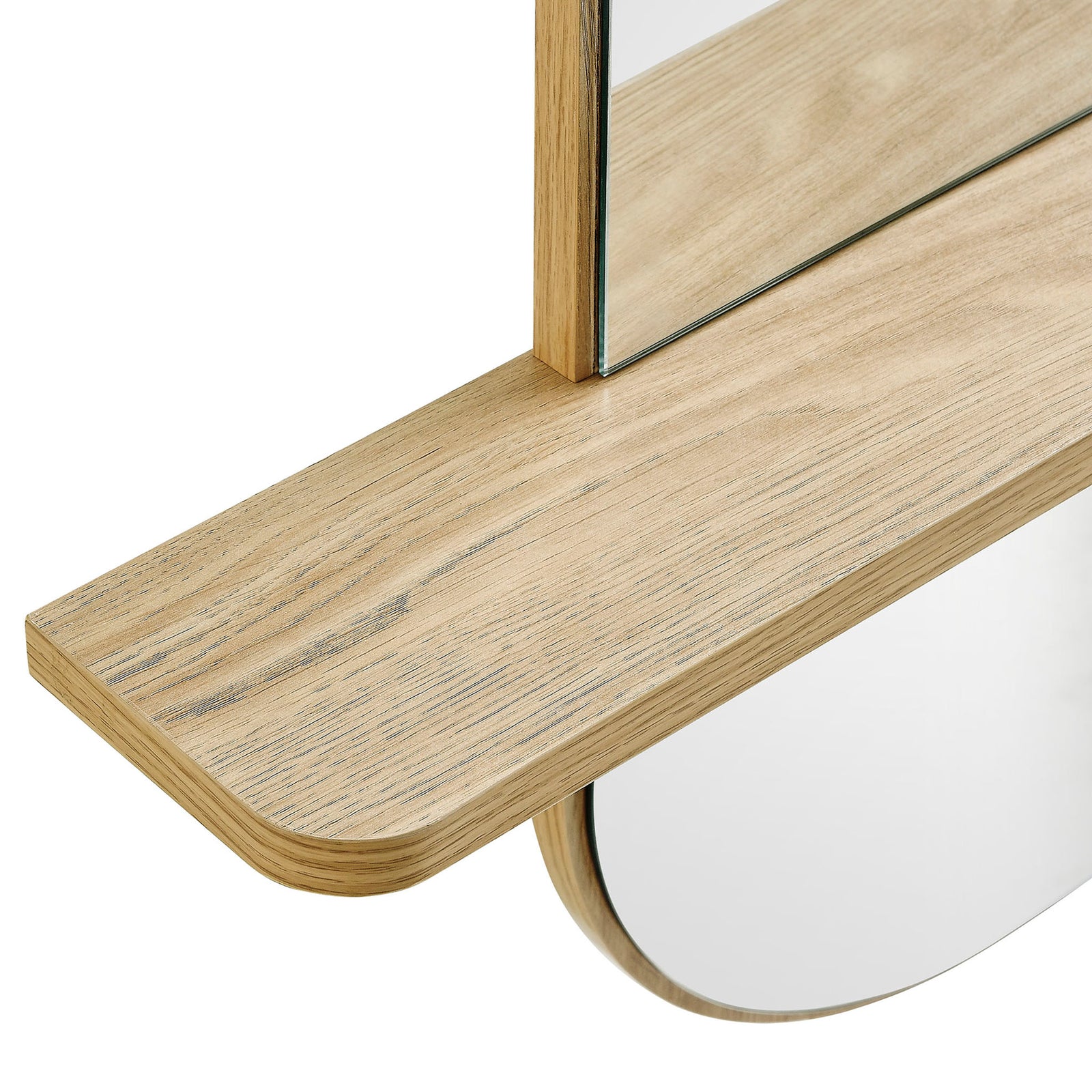 Wide oak mirror shelf with wood grain finish and softly curved lower mirror edge. || EEI-7533-OAK || storage_studio
