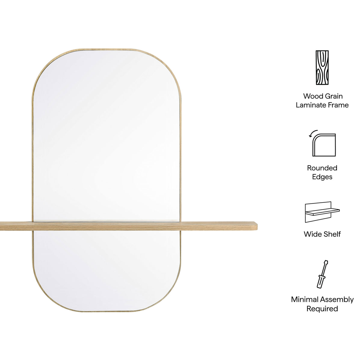 Graphic highlighting the large oak mirror's wood grain frame, rounded edges, and wide shelf. || EEI-7533-OAK || callout_studio