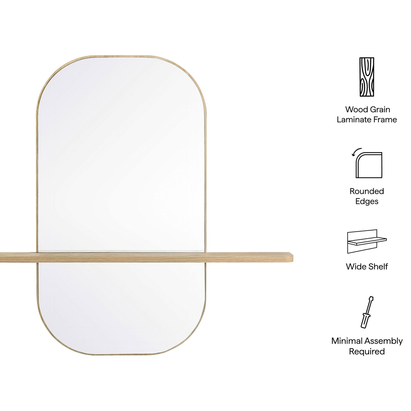 Graphic highlighting the large oak mirror's wood grain frame, rounded edges, and wide shelf. || EEI-7533-OAK || callout_studio