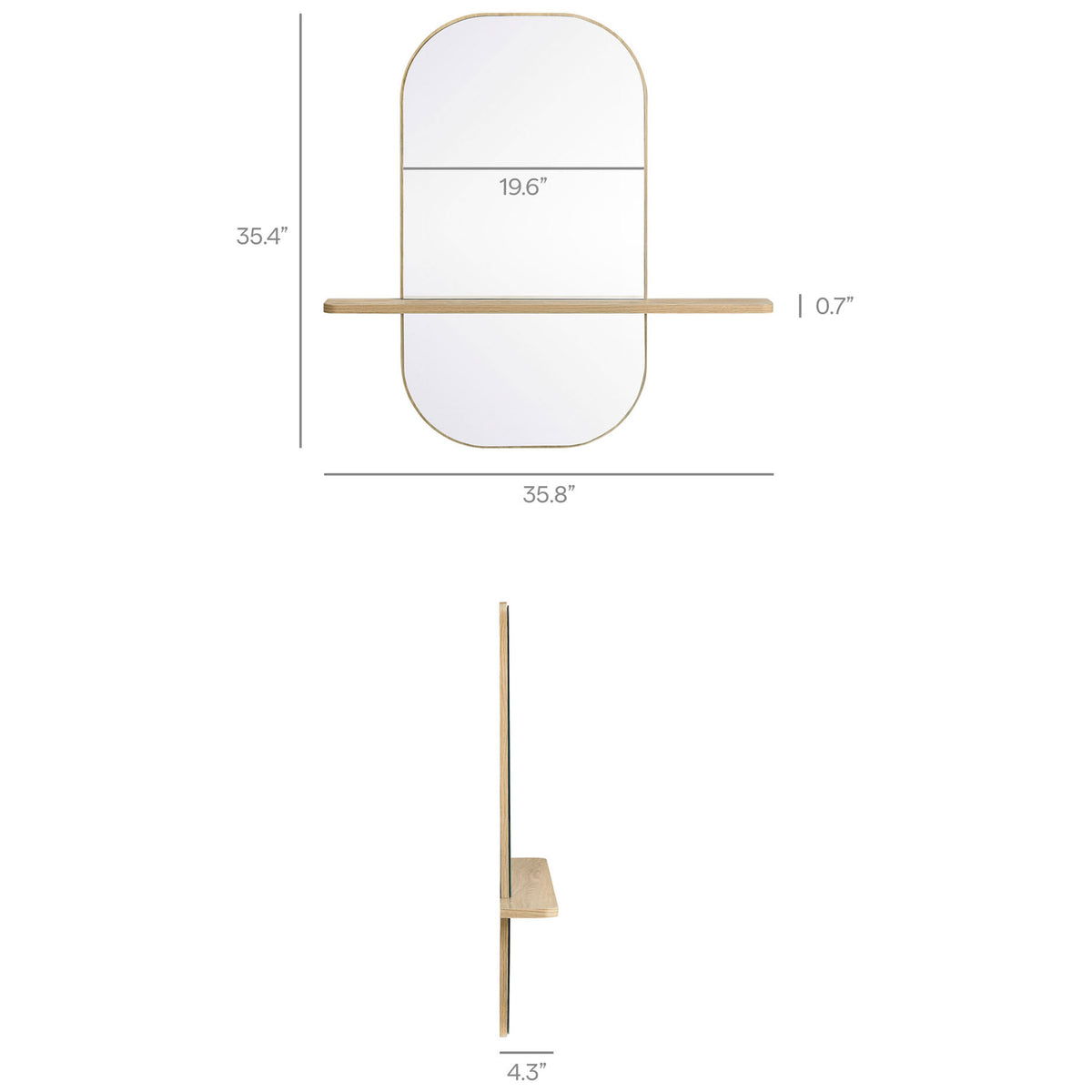 Graphic with detailed dimensions for the oversized oak Solstice mirror with shelf. || EEI-7533-OAK || dimension_studio
