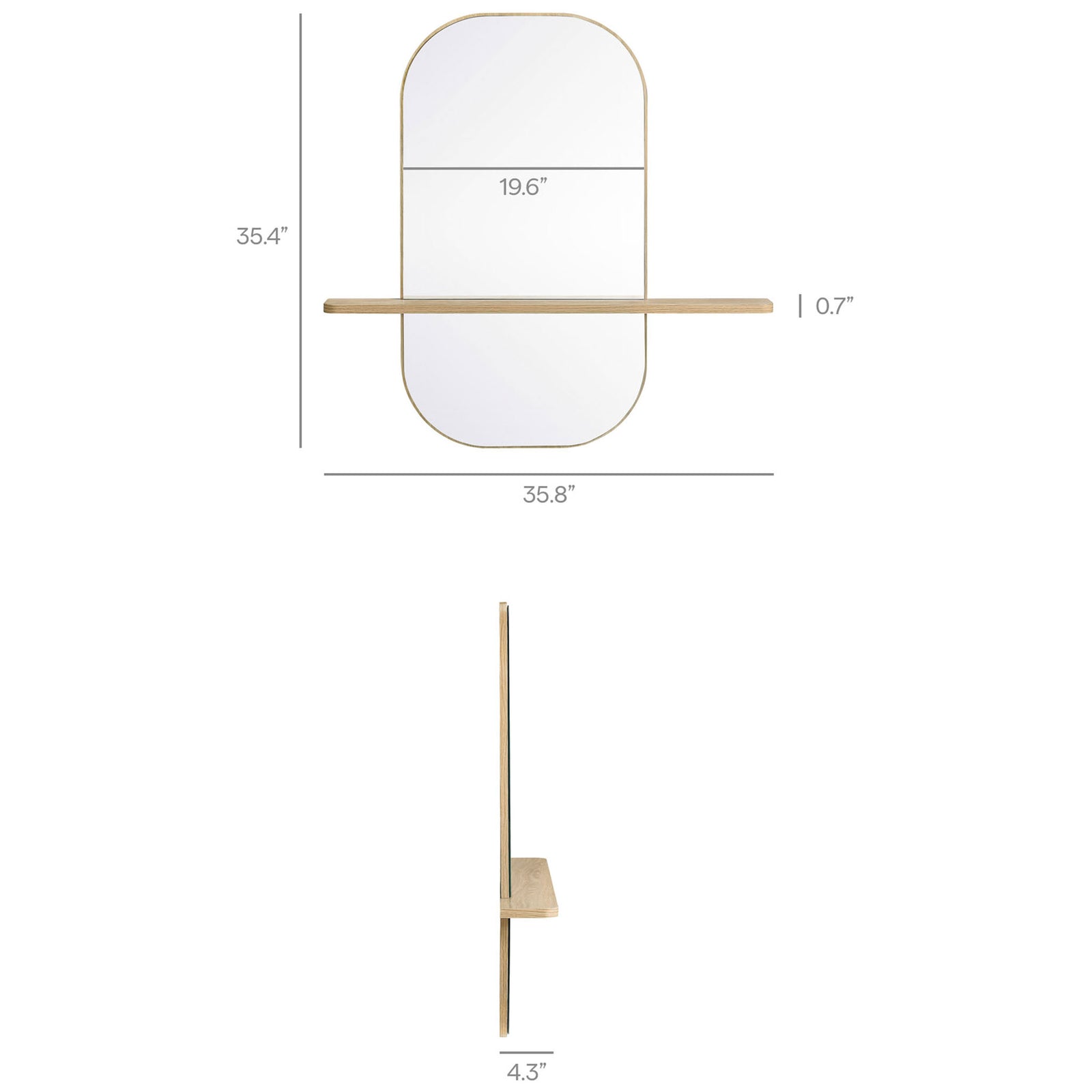Graphic with detailed dimensions for the oversized oak Solstice mirror with shelf. || EEI-7533-OAK || dimension_studio