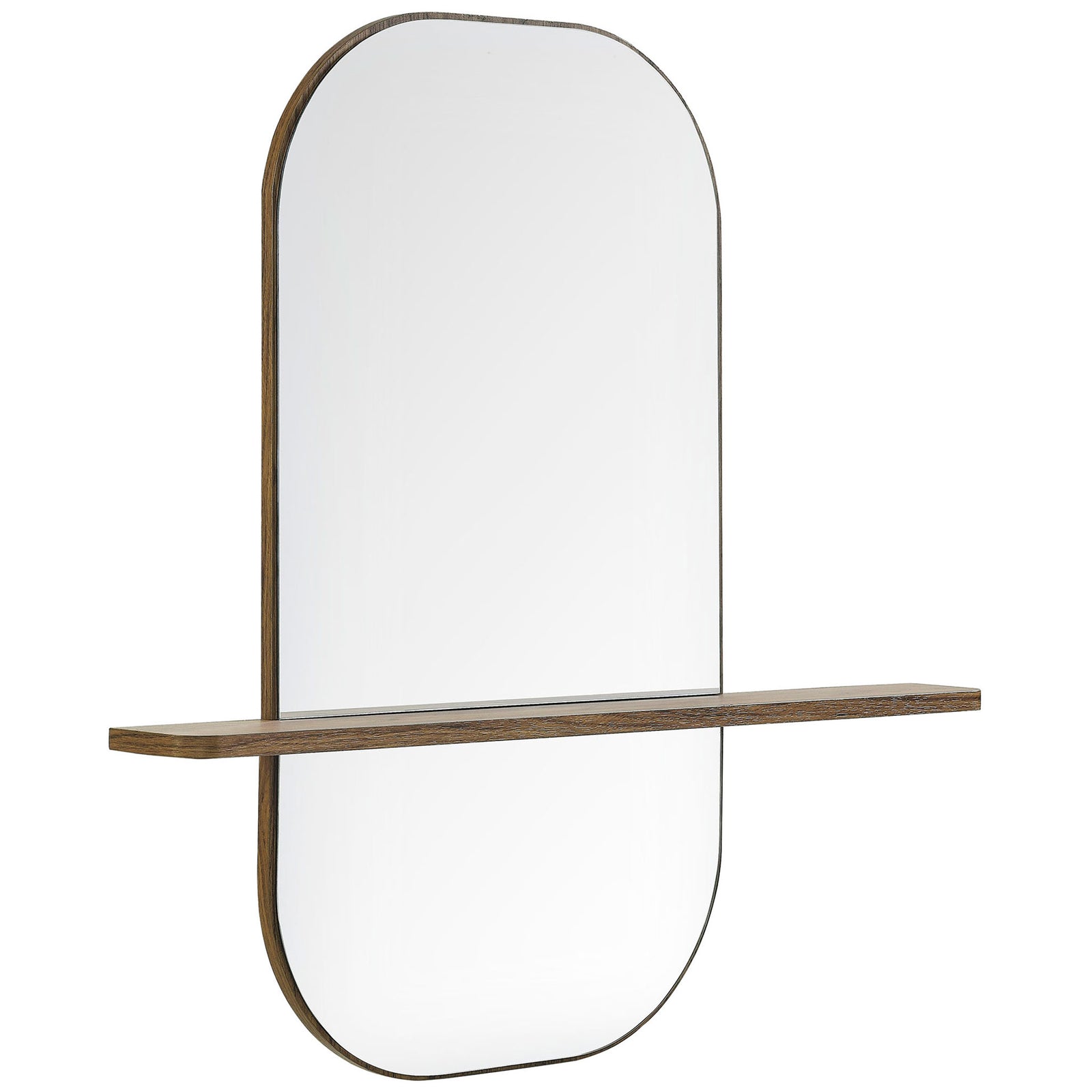 Walnut-framed large mirror emphasizing its slim profile and expansive shelf. || EEI-7533-WAL || front_angle_studio