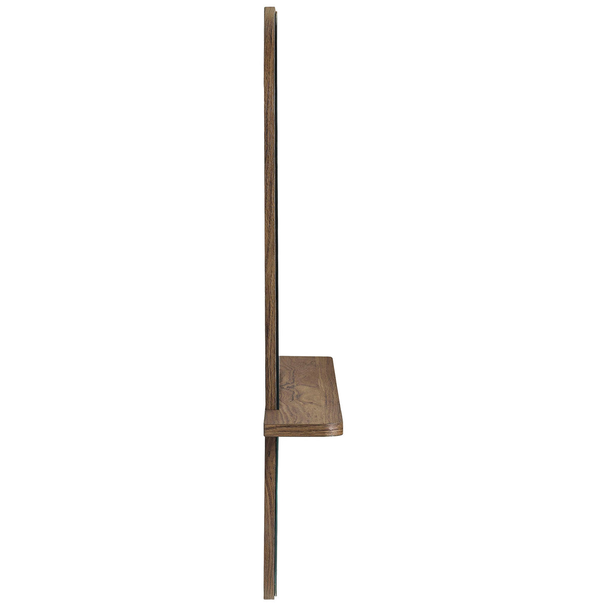 Large walnut mirror revealing sleek panel depth and shelf extension from the wall. || EEI-7533-WAL || side_studio