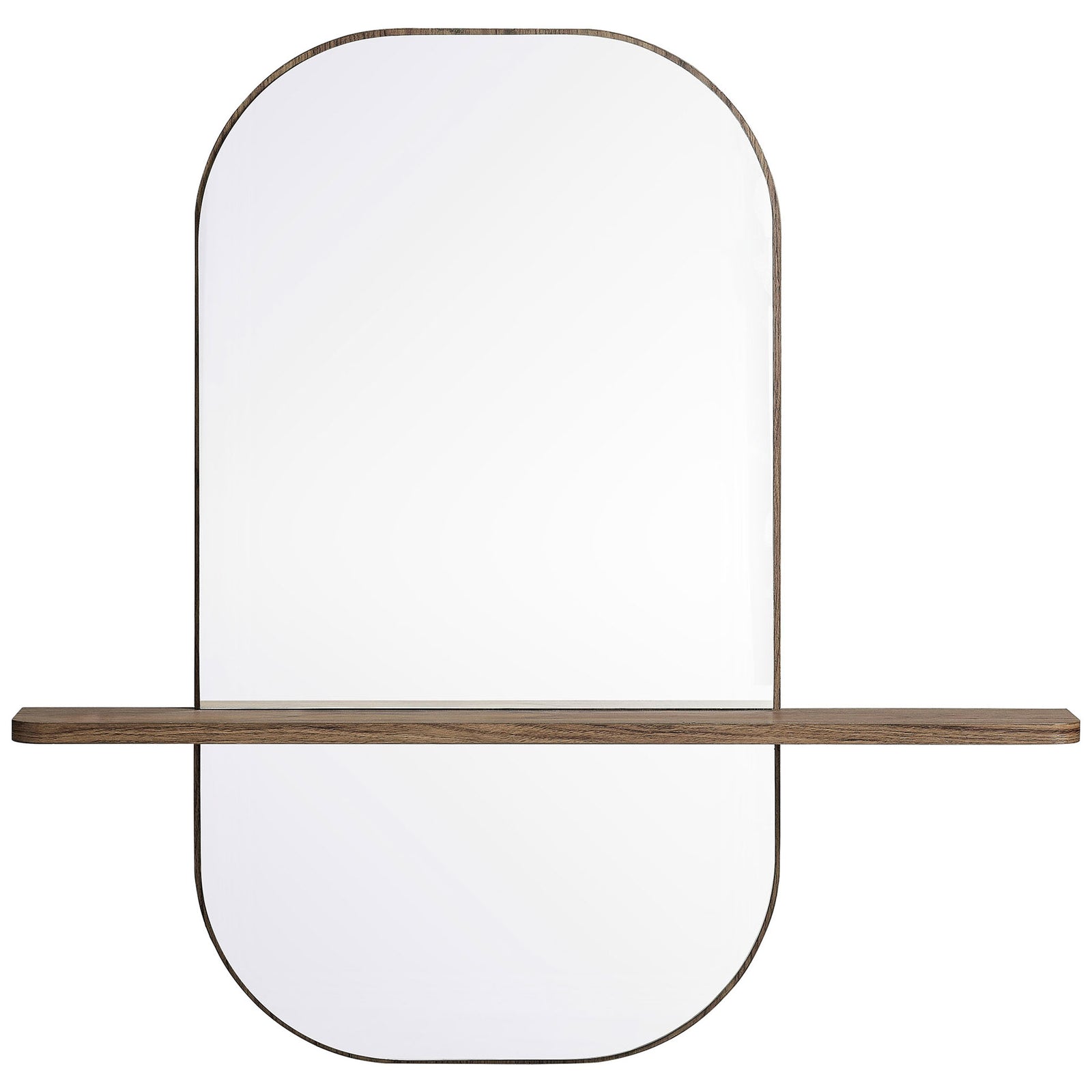 Oversized walnut wall mirror with elongated rounded shape and generous shelf. || EEI-7533-WAL || front_studio