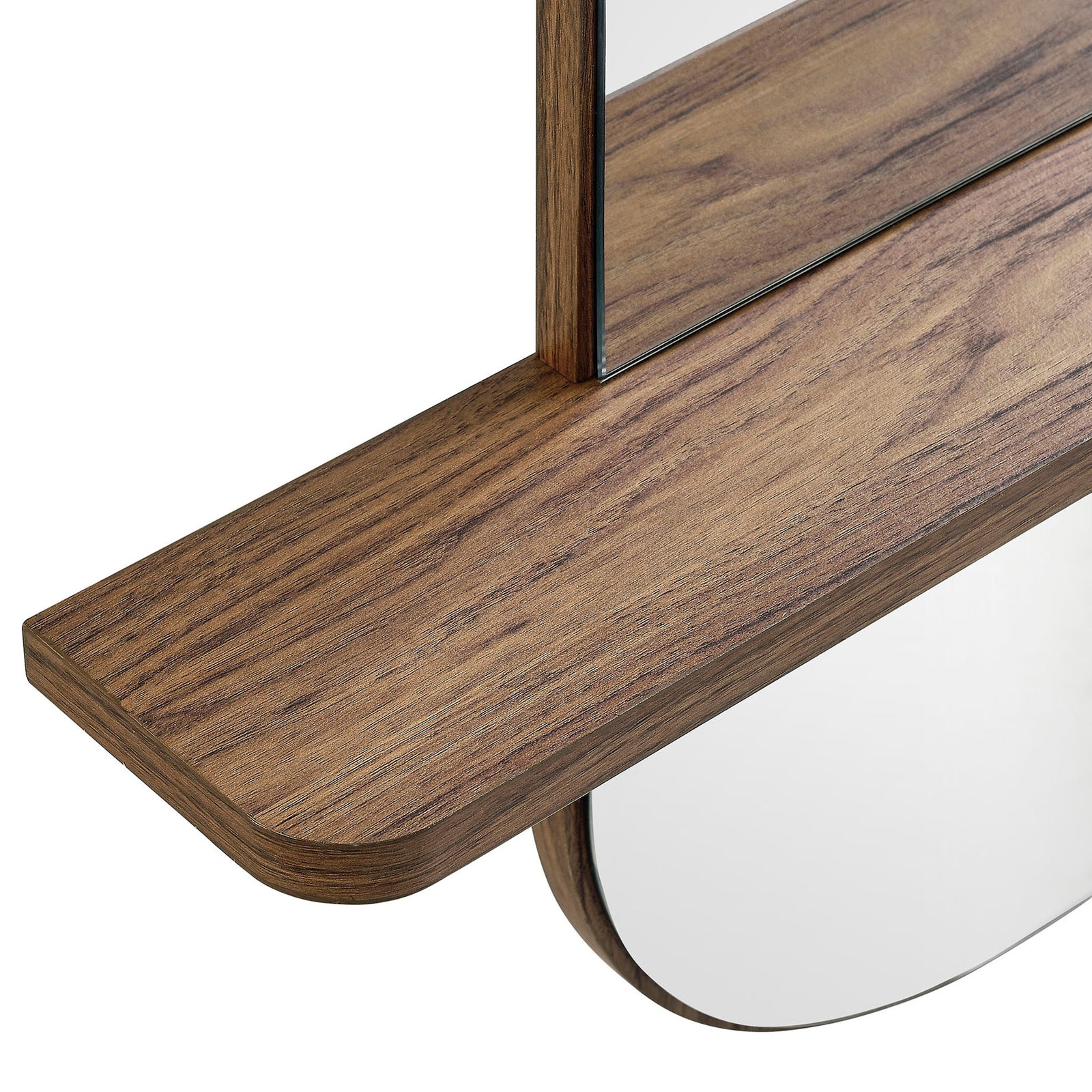 Wide walnut mirror shelf with warm wood grain and softly curved lower mirror edge. || EEI-7533-WAL || storage_studio