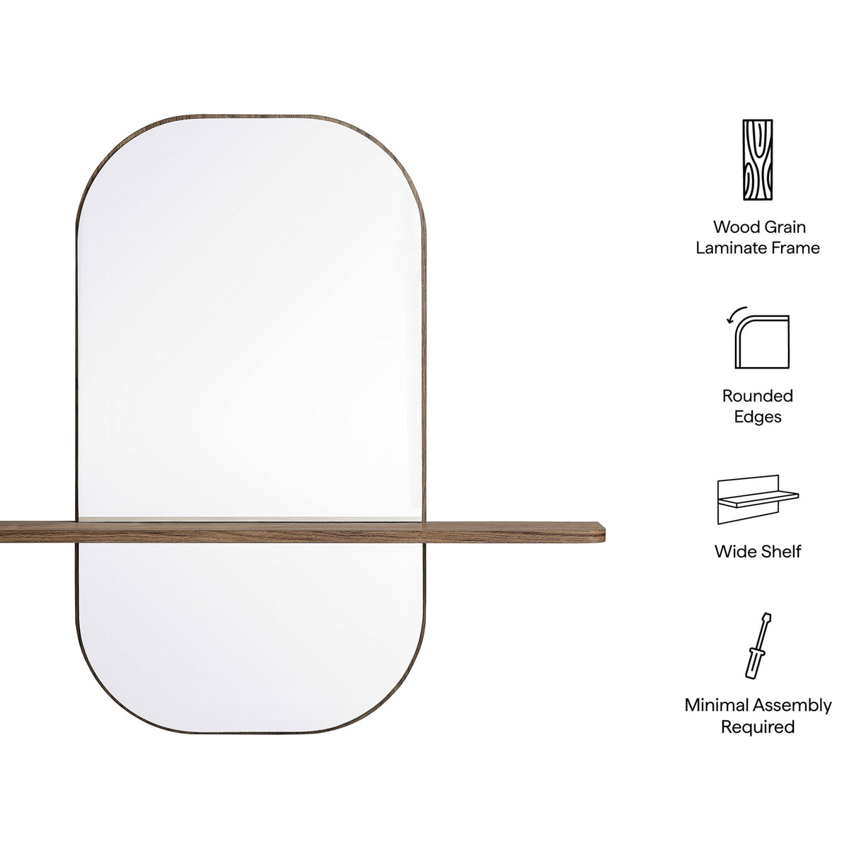 Graphic highlighting the large walnut mirror's wood grain frame, rounded edges, and wide shelf. || EEI-7533-WAL || callout_studio
