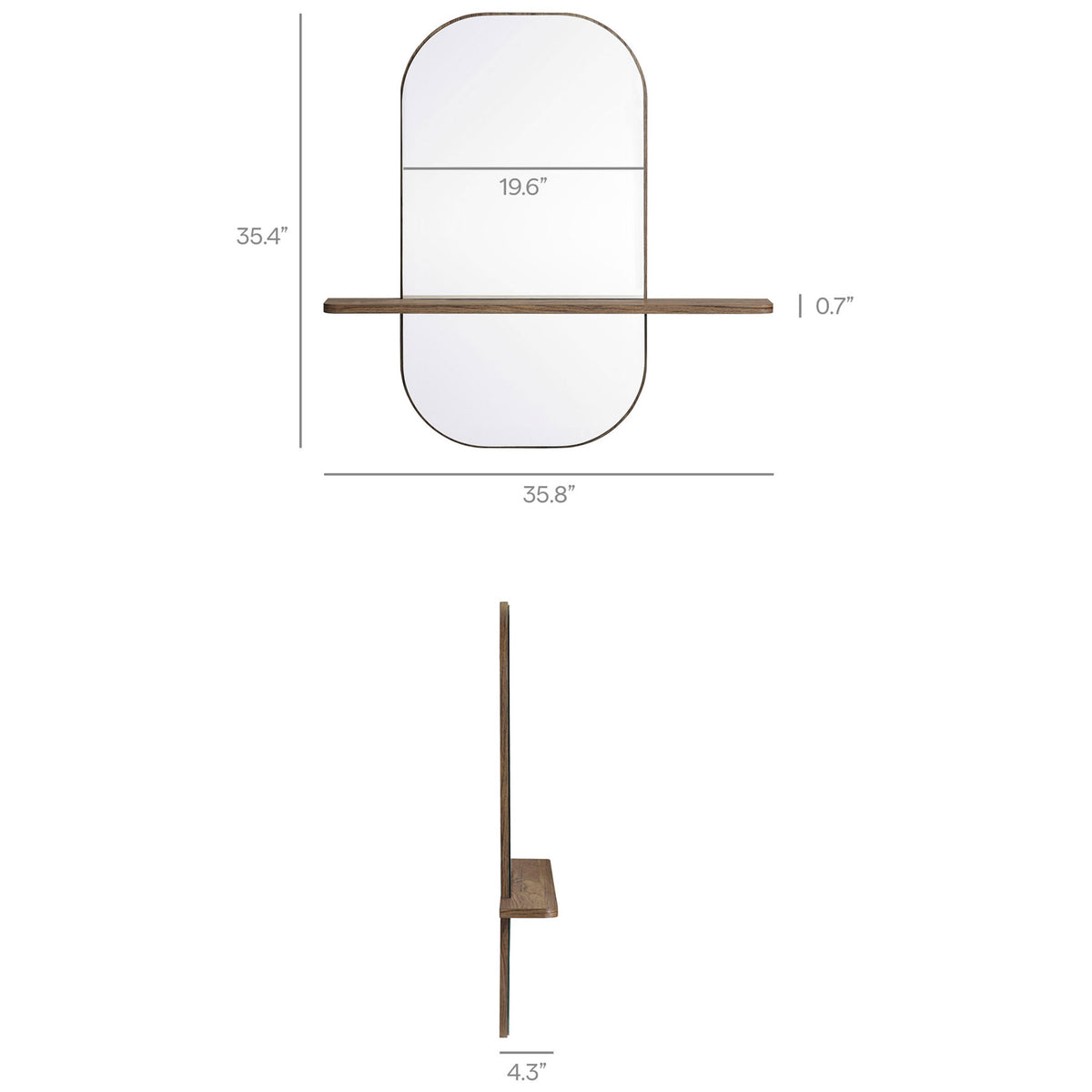 Graphic with detailed dimensions for the oversized walnut Solstice mirror with shelf. || EEI-7533-WAL || dimension_studio